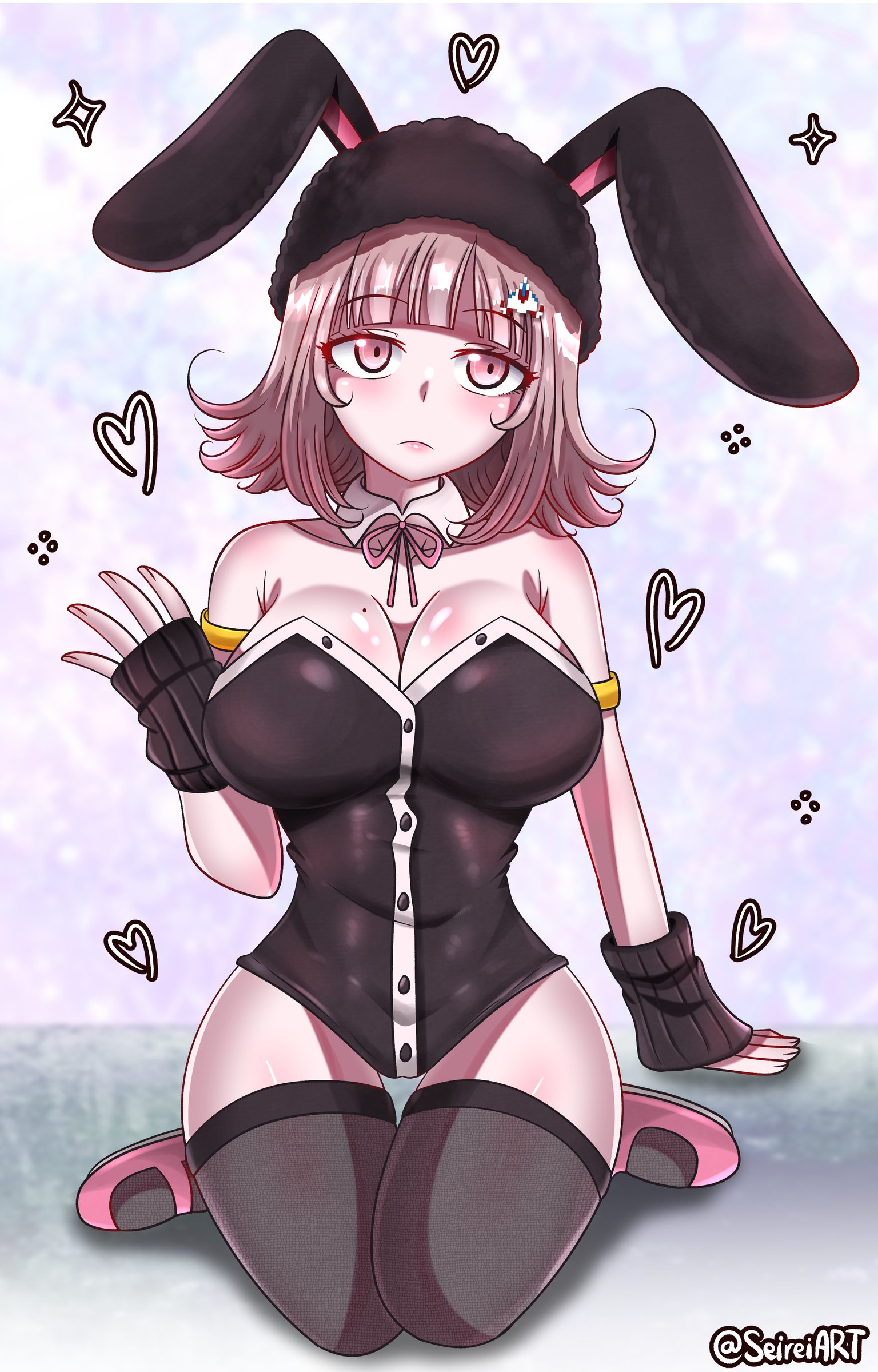 1girls, big breasts, breasts, bunny ears, bunny girl, bunnysuit, danganronpa, danganronpa 2: goodbye despair, female, female only, heart, hearts around body, hearts around head, mole, mole on breast, nanami chiaki, pink eyes, pink hair, seireiart, short hair, tagme, thick hips, thick legs, thick thighs, thighhighs, thighs, waving, waving at viewer