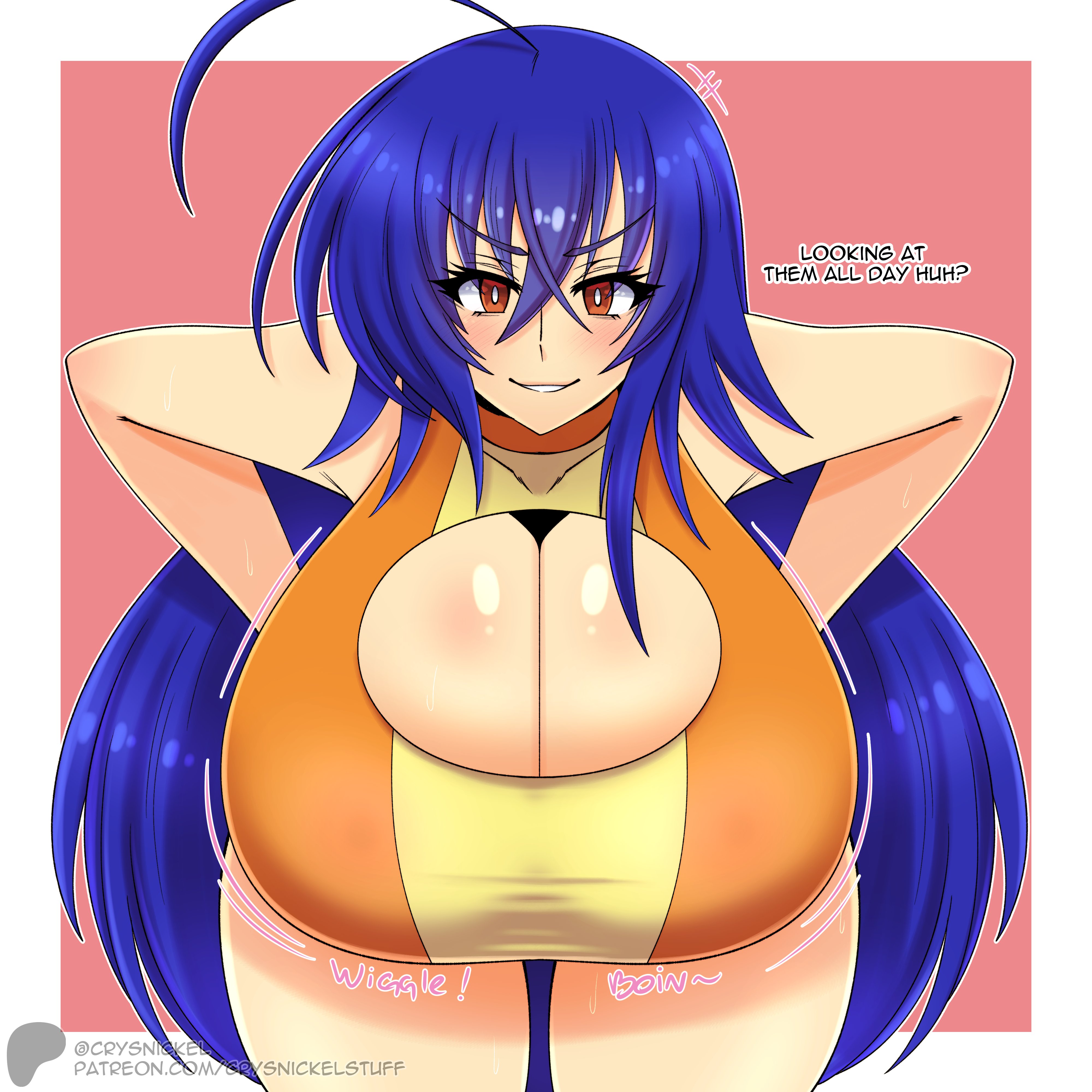 1girls, ahoge, blue hair, bouncing breasts, breasts, breasts bigger than head, crysnickel, female, huge breasts, kurokami medaka, long hair, medaka box, red eyes, smiling, solo female, swimsuit, tagme, twitter link