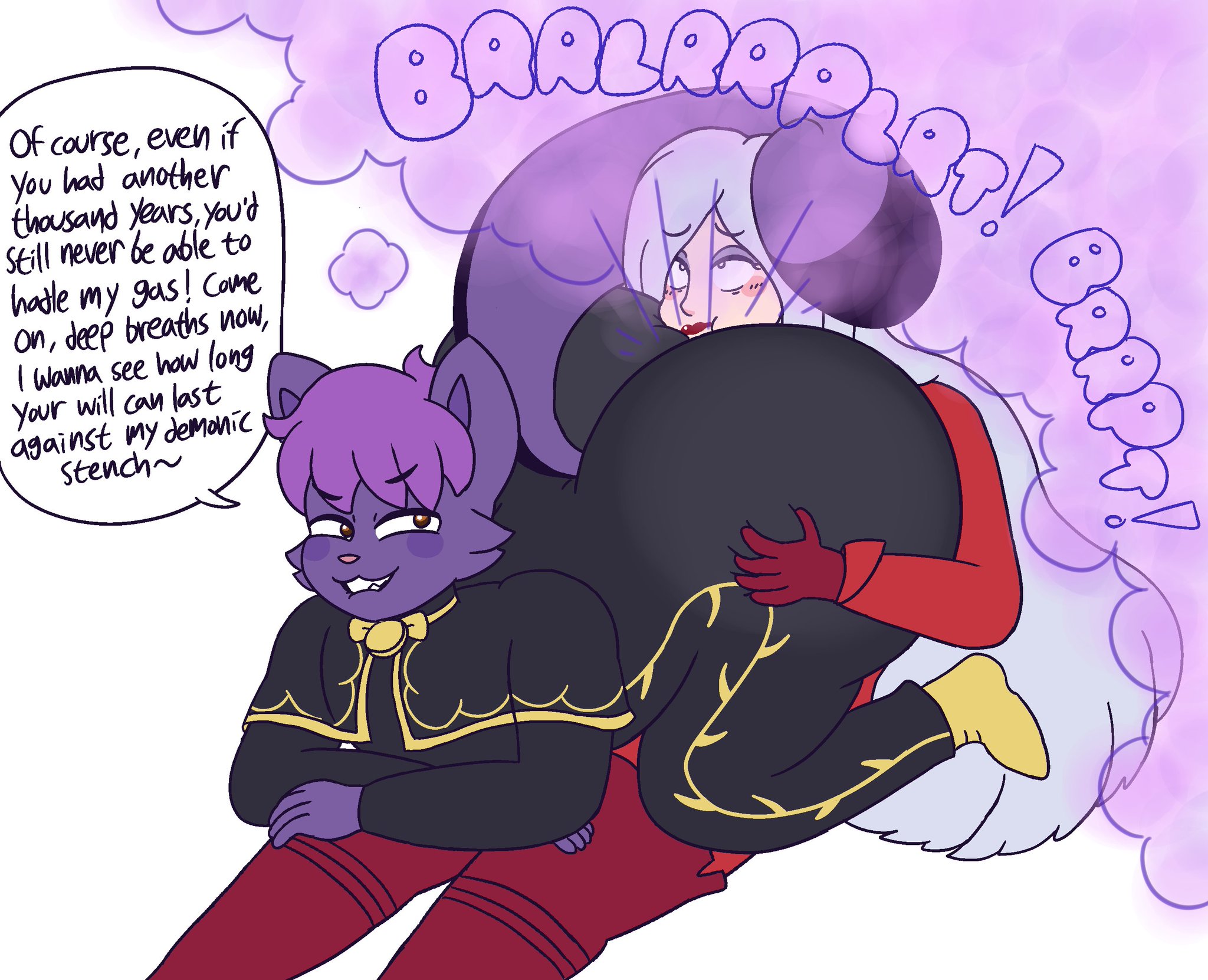 1boy, 1girls, 2girls, aluno, anthro, ass, ass grab, bayonetta, bayonetta (series), big ass, big butt, butt grab, dark clothing, drawful-s, english, english text, fart, fart cloud, fart fetish, farting, farting in face, farting on another, farting on face, female, femboy, furry, jeanne (bayonetta), male, nick (poisonprimarina), onomatopoeia, purple fart, purple fart cloud, purple fur, purple hair, purple skunk, skunk tail, talking, white hair