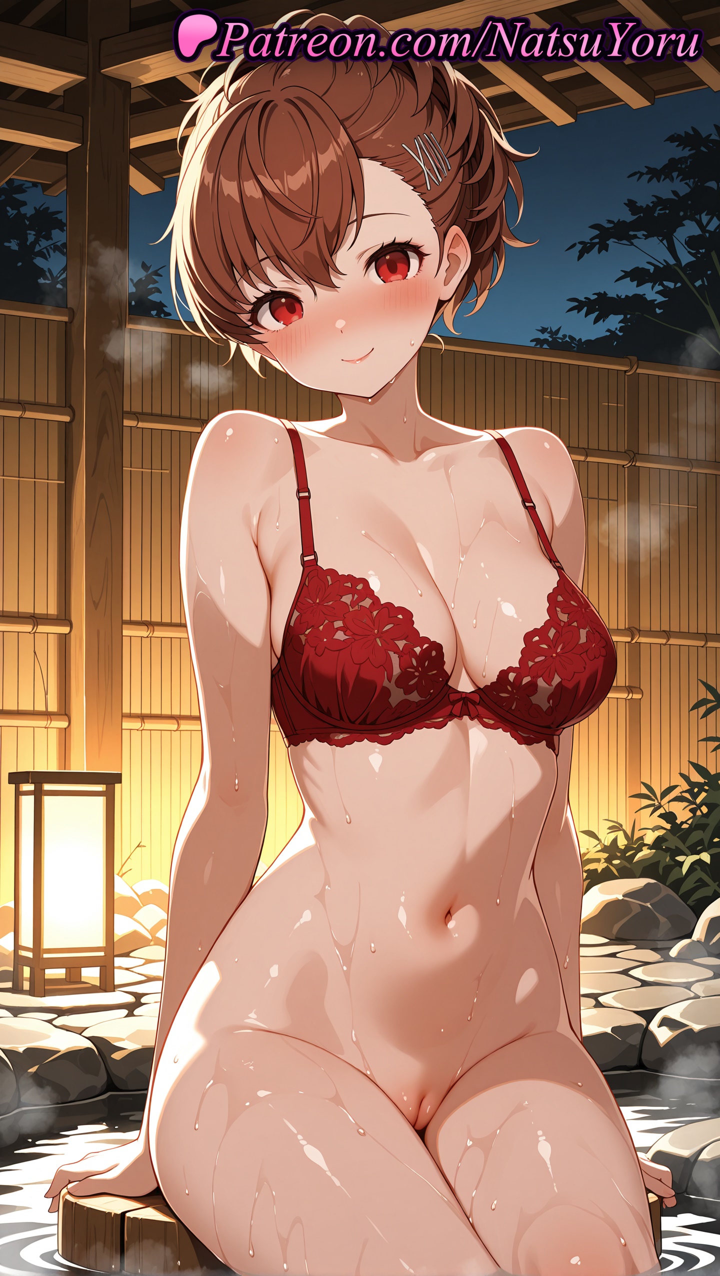 1girls, 2025, ai assisted, ai generated, anime, anime style, atlus, bangs, blush, bottomless, bra, breasts, brown hair, bust, busty, cleavage, cleft of venus, closed mouth, clothing, collarbone, female, female focus, female only, fence, hair bun, hair ornament, hairclip, hi res, high quality, high resolution, highres, kotone shiomi, lace-trimmed bra, lantern, large breasts, lingerie, looking at viewer, medium breasts, natsuyoru, navel, night, onsen, outdoors, patreon, persona, persona 3, persona 3 reload, pussy, red bra, red eyes, rock, shiomi kotone, short hair, sitting, sky, smile, soaking feet, solo, solo female, stable diffusion, steam, stomach, thighs, uncensored, underwear, vagina, voluptuous, voluptuous female, water, wet