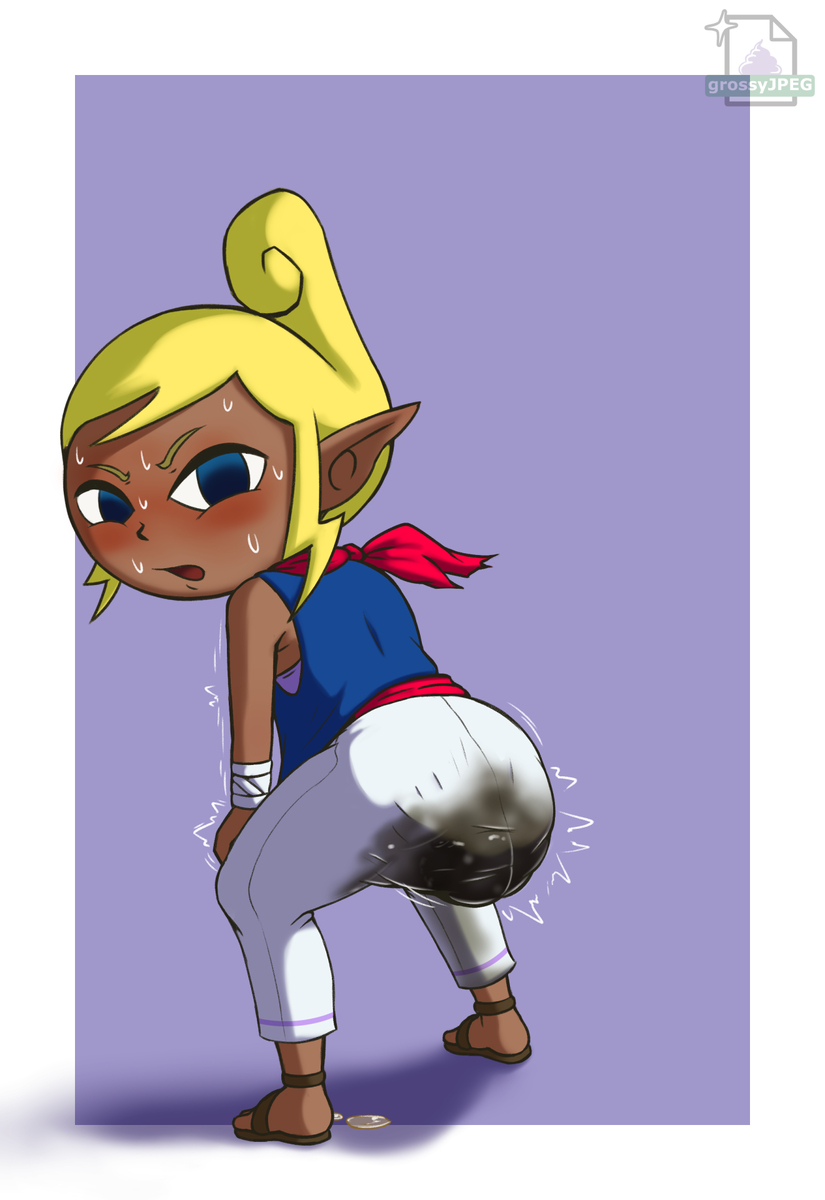 ass ass_focus blonde_hair blue_eyes butt_focus dark_skin fully_clothed nintendo peeing peeing_self scat shit tetra the_legend_of_zelda the_wind_waker urine white_pants wind_waker young