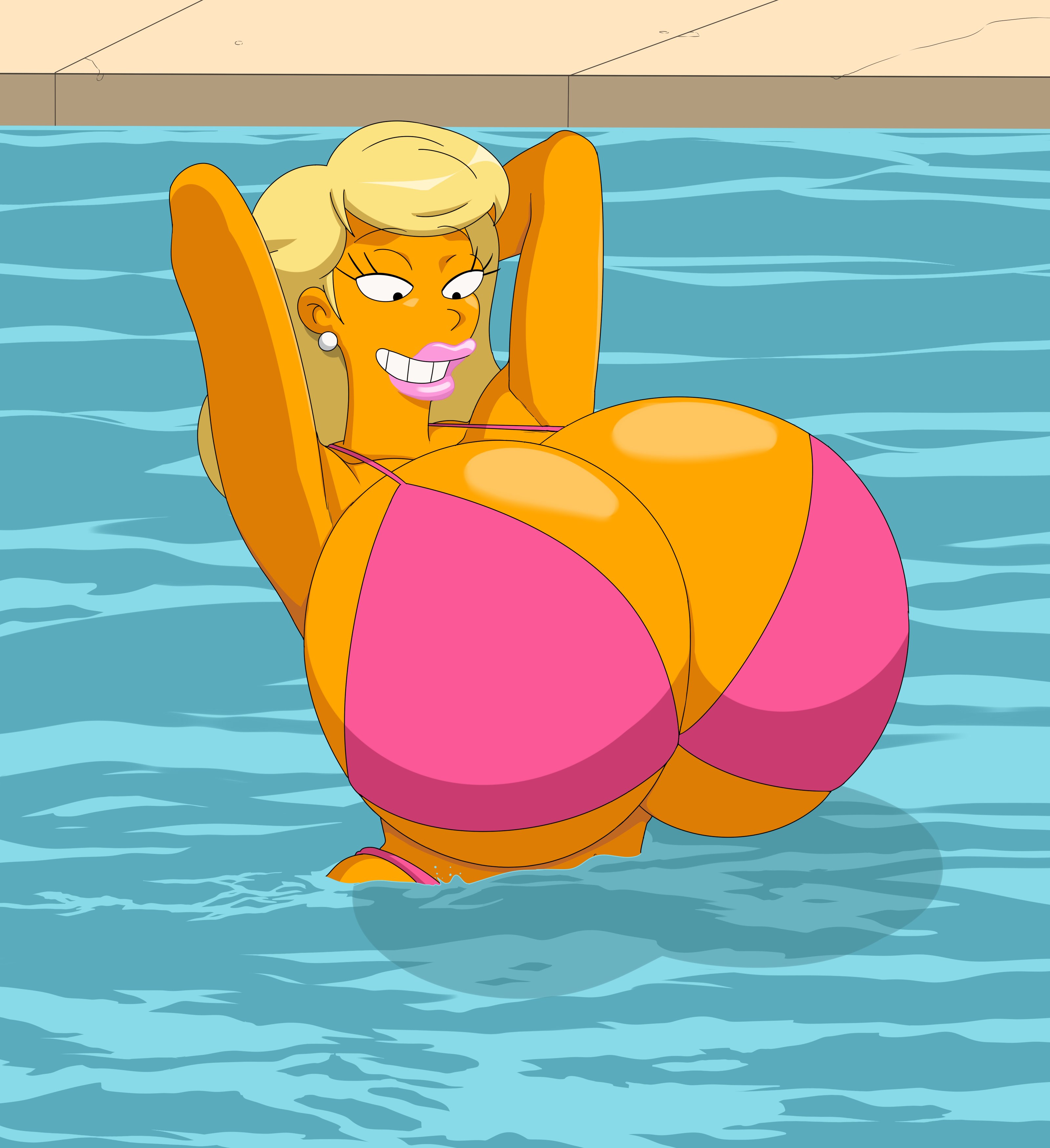 bikini, blonde hair, breasts, female, hyper, hyper boobs, hyper breasts, lips, pearl earrings, pink lips, pool, smile, the simpsons, titania (the simpsons), turboranger, water