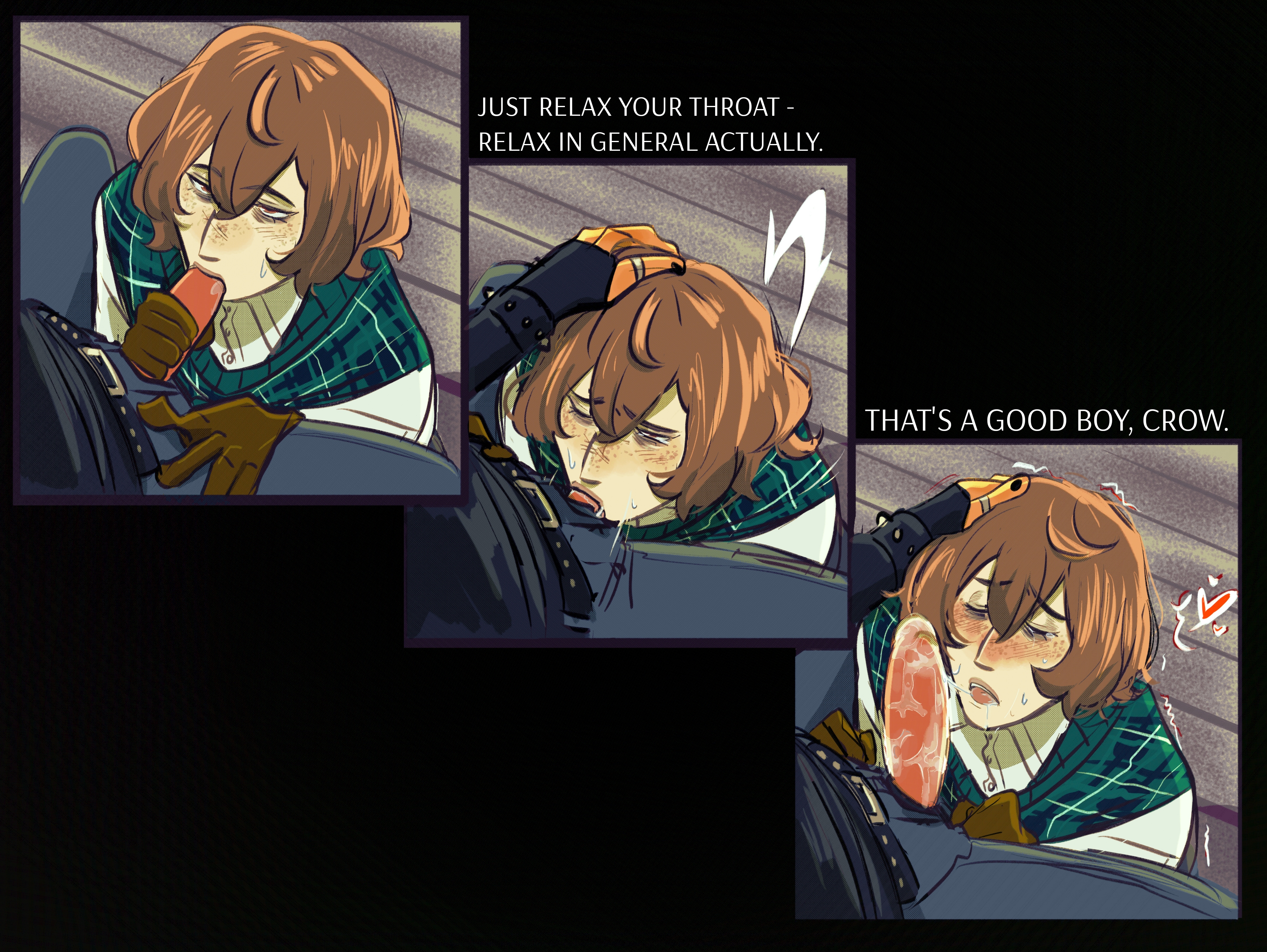 2boys, akira kurusu, blowjob, clothed, deepthroat, fellatio, gay, goro akechi, joker (persona), liveleaksakc, male, male only, persona, persona 5, persona 5 royal, praise, ren amamiya, strap-on, strapon, transmasc