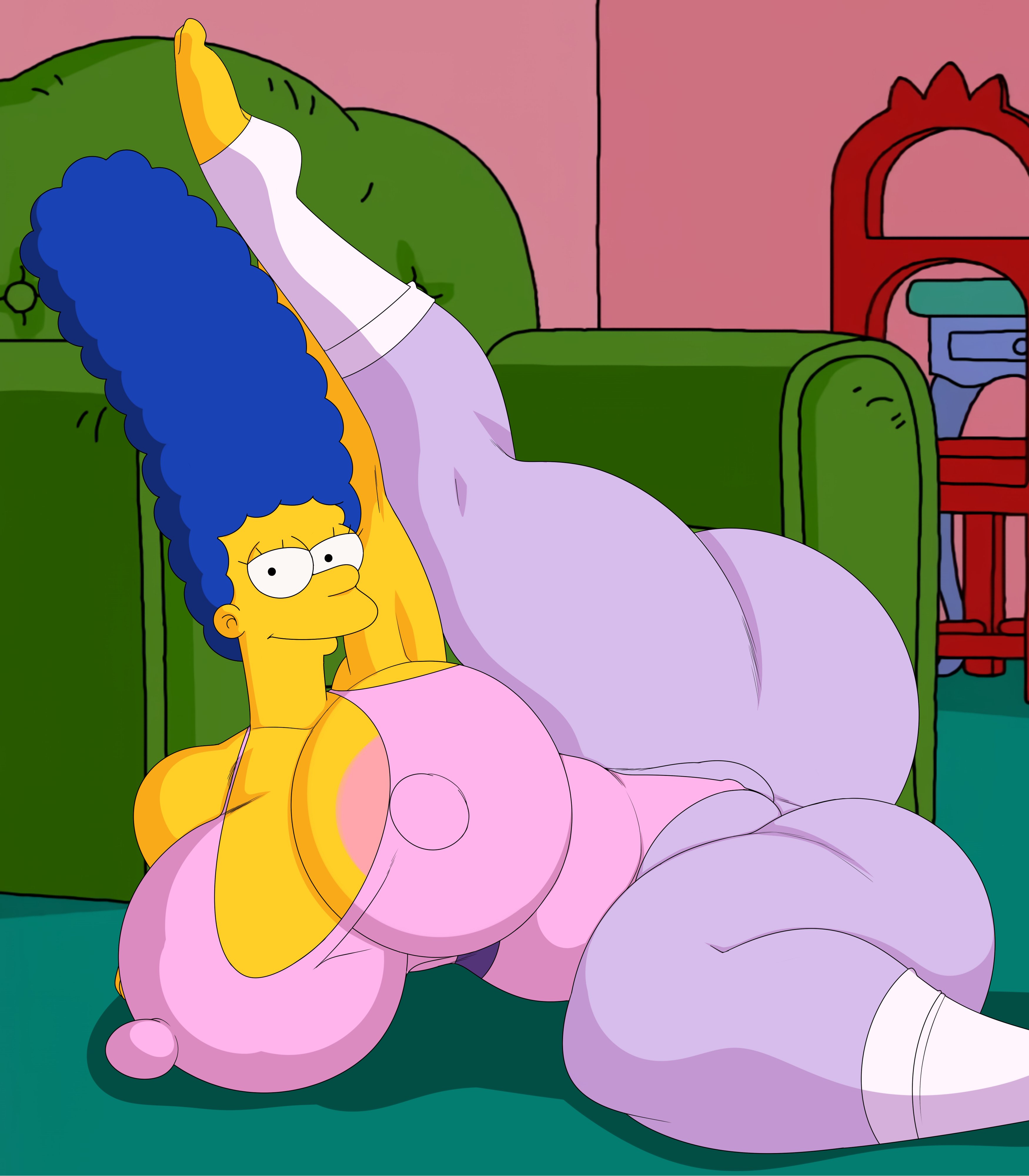 ass, breasts, bubble ass, bubble butt, female, hyper, hyper boobs, hyper breasts, marge simpson, nipples, nipples bulge, nipples visible through bra, nipples visible through clothing, smug, smug face, sweat pants, the simpsons, turboranger, yoga