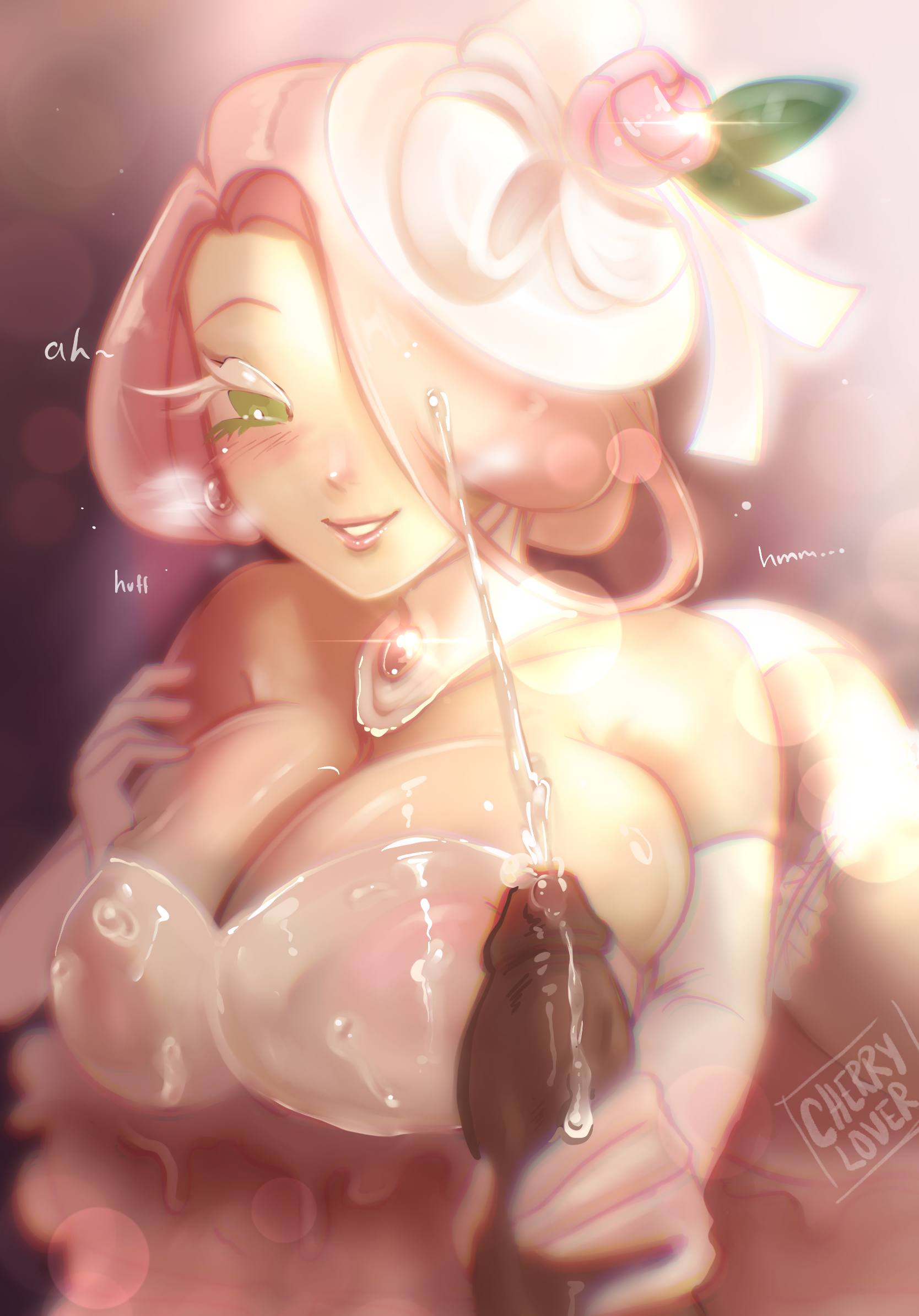 black forest cookie, breasts, cake, cherryl0veer, cookie run, cookie run kingdom, cum, cum on breasts, cumshot, female, futa on female, futanari, green eyes, handjob, intersex, morning, pink hair, see-through, see-through clothing, smiling, wedding, wedding cake cookie, wedding dress