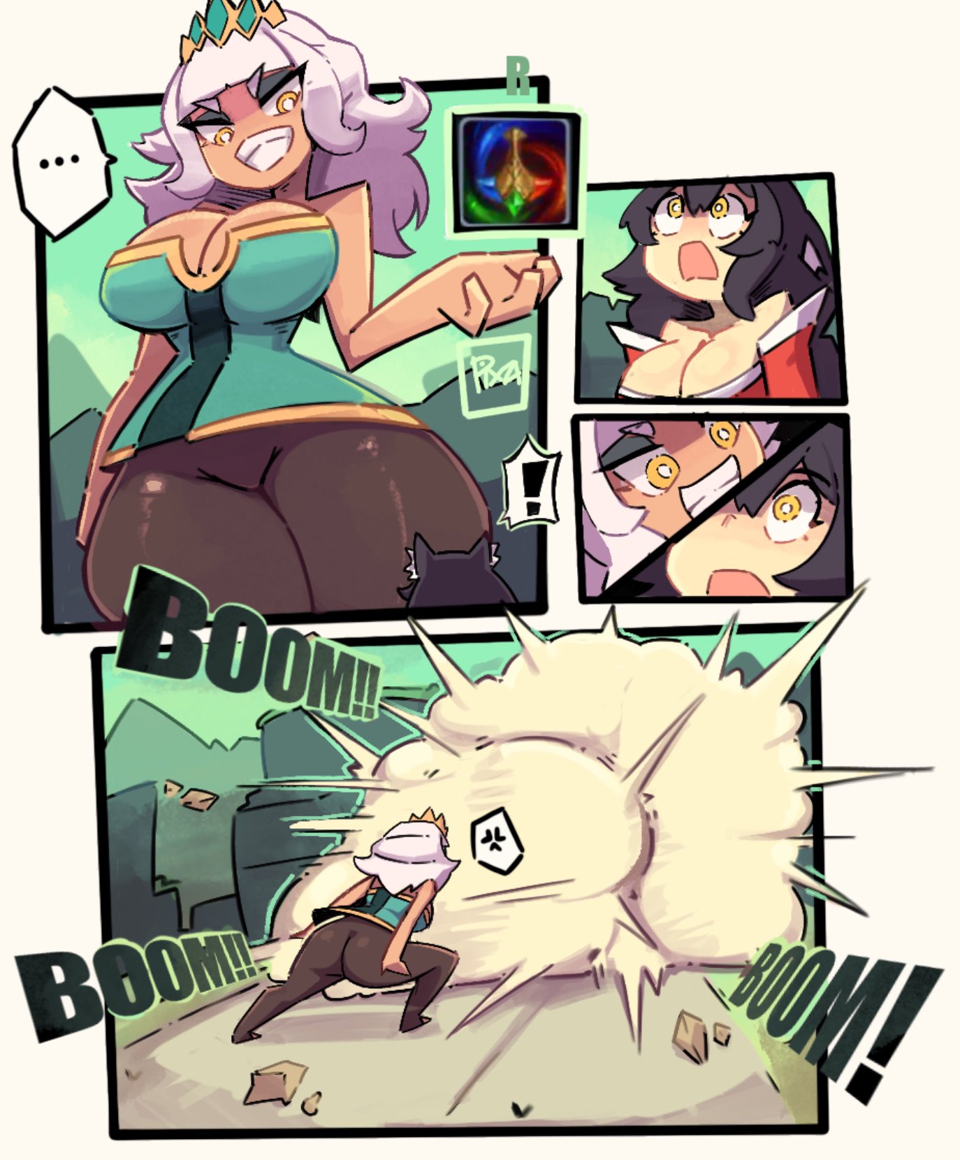 1futa, 1girls, ahri, animal ears, big breasts, big thighs, breasts, brown skin, comic, comic page, dark skin, dark-skinned female, digital media (artwork), female, fox ears, fox girl, futa on female, futanari, human, intersex, league of legends, light skin, light-skinned futa, nude, pixzapix, qiyana yunalai, thick thighs, thighhighs, tights, white hair, yuri