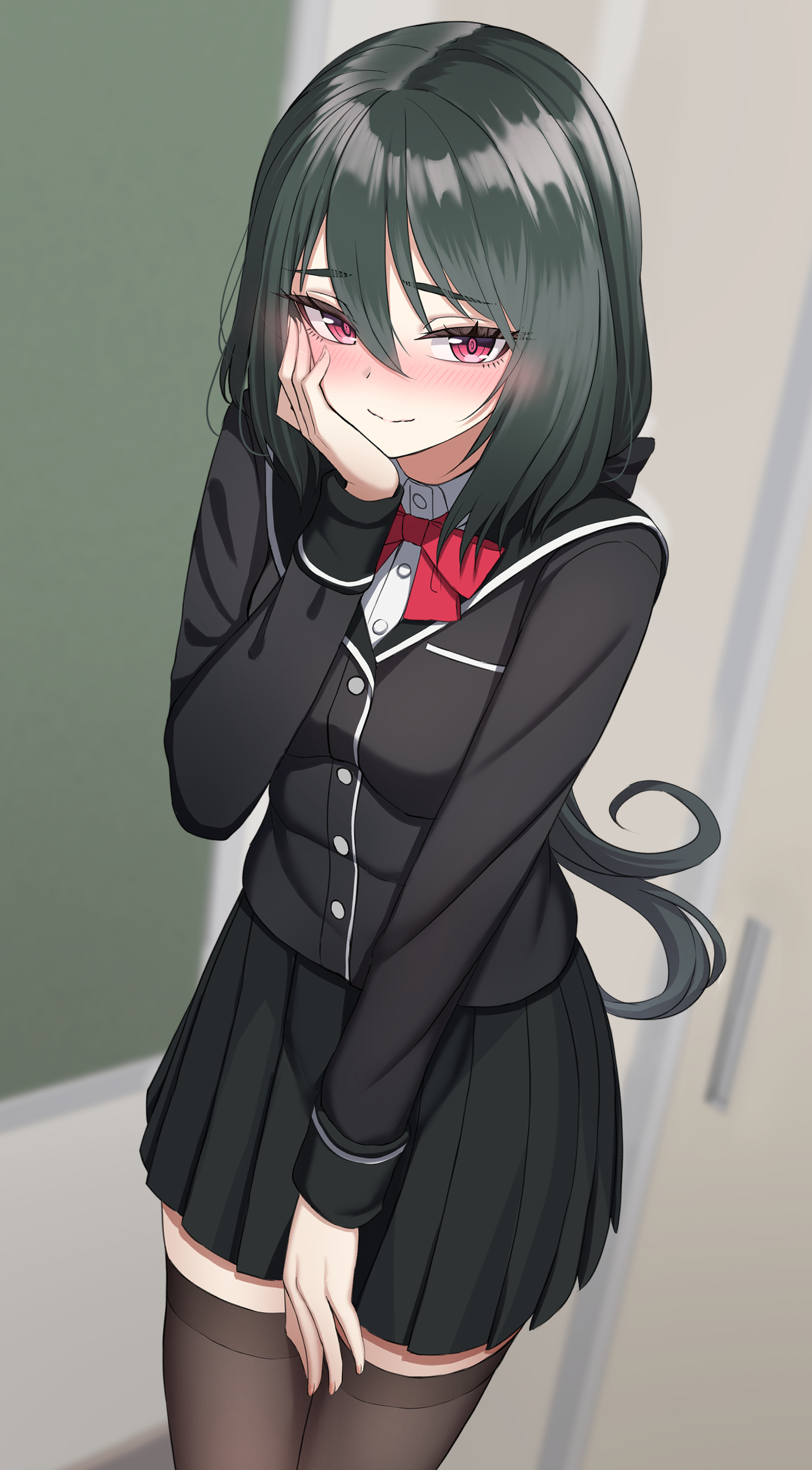 black jacket, black thighhighs, blazer, blurry background, blush, buttons, closed mouth, commentary request, cowboy shot, female, green hair, hand on own cheek, hand on own face, highres, jacket, long hair, long sleeves, original, pleated skirt, sayano (yakob labo), school uniform, skirt, solo, thighhighs, yakob labo