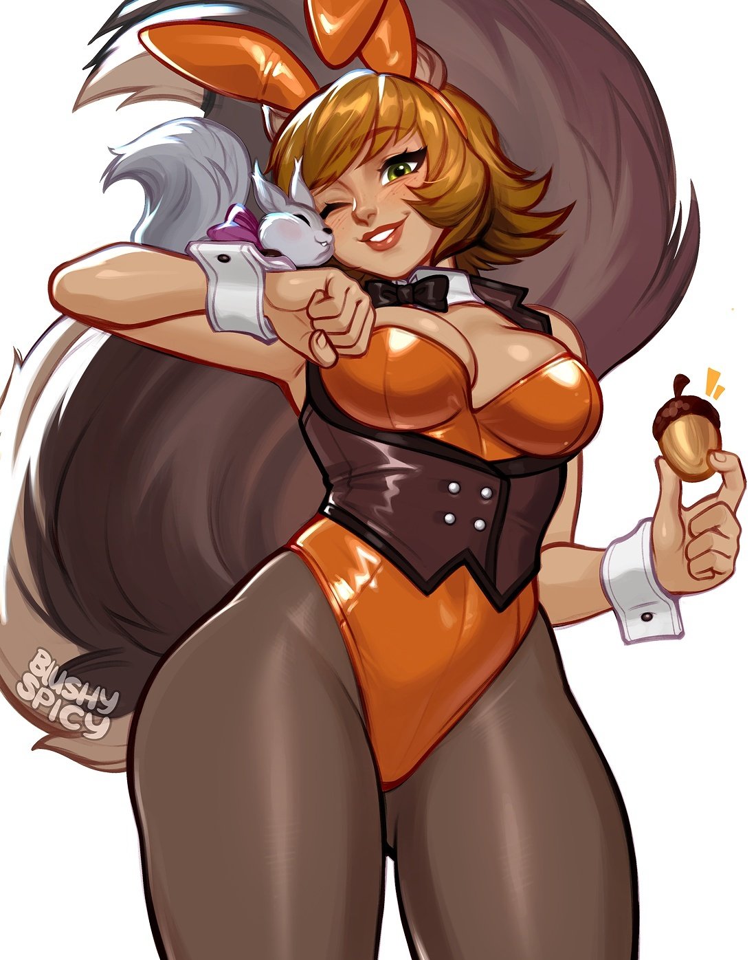 blushypixy, blushyspicy, brown hair, bunny ears, bunny girl, bunnysuit, doreen green, female, leggings, looking at viewer, marvel, marvel comics, marvel rivals, squirrel, squirrel girl (marvel rivals), squirrel girl (marvel), squirrel tail, thick thighs