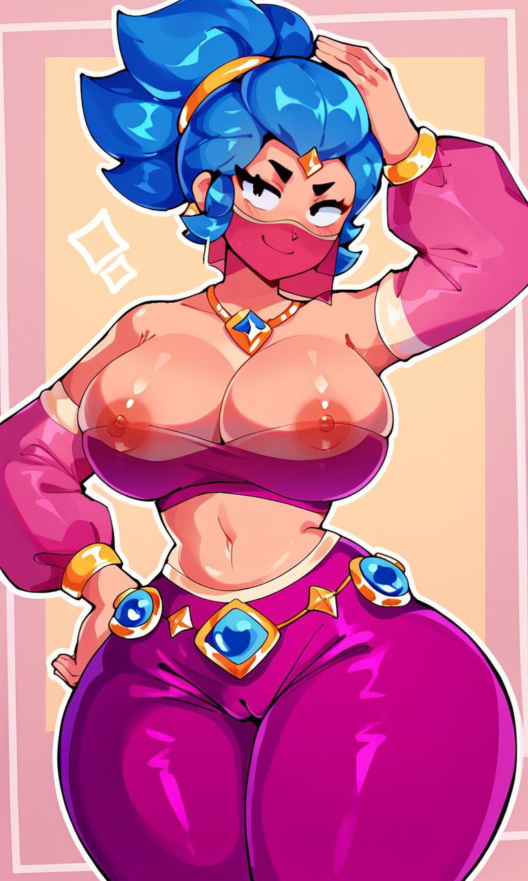 2d, 2d (artwork), ai generated, blue hair, brawl stars, breasts, breasts bigger than head, female, revealing, revealing clothes, sexy pose, shelly (brawl stars), shelly dancer (brawl stars), skin tight, skin tight outfit, skin tight suit, tanned, tanned female, tanned skin