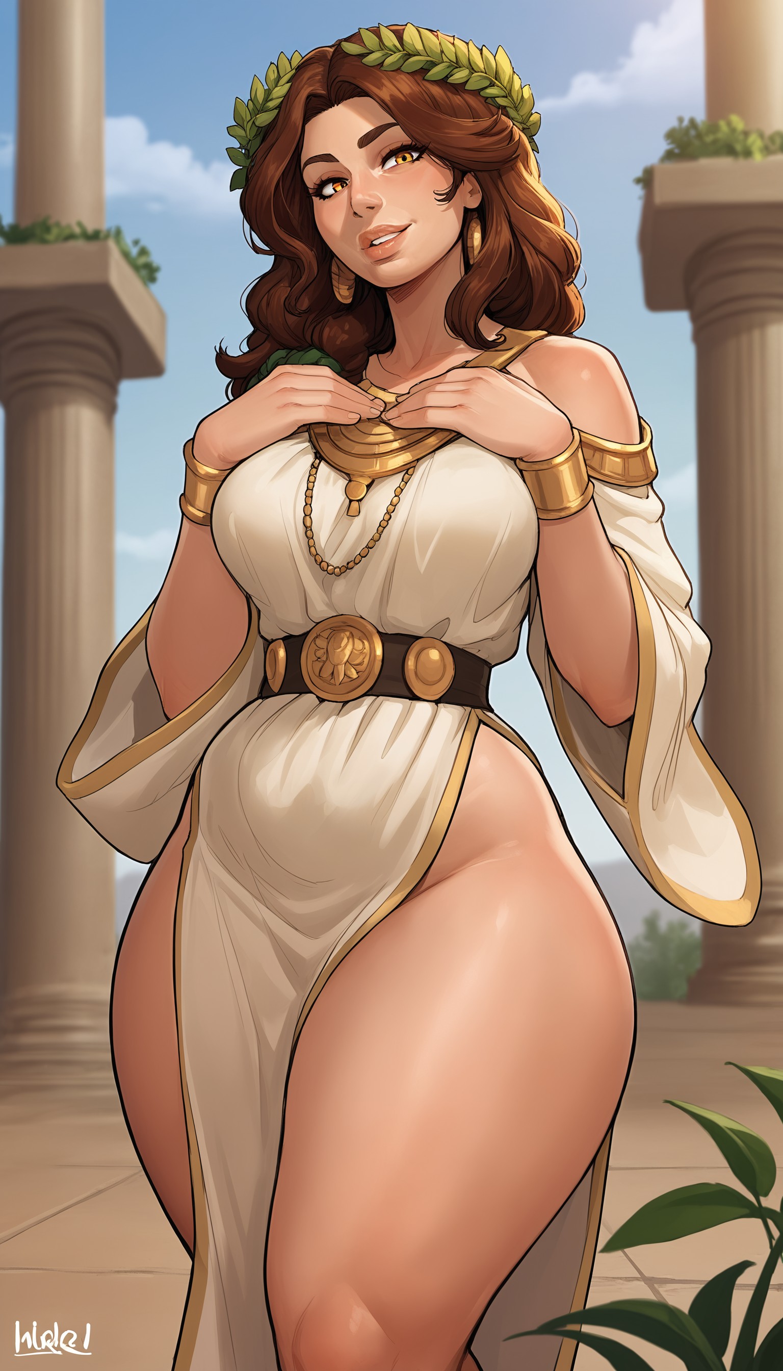 1girls, ai generated, big breasts, breasts, brown hair, demiurgos, female, female only, goddess, gold jewelry, greek goddess, greek mythology, hestia (greek mythology), hestia (mythology), laurel crown, light-skinned female, mythology, solo, solo female, thick thighs, wide hips, yellow eyes