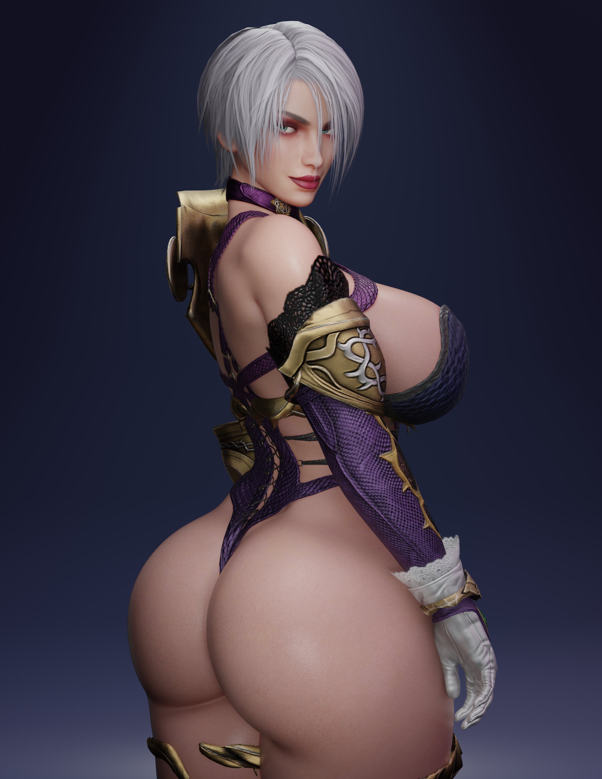 1girls, 3d, 3d model, ass, big ass, big breasts, big butt, breasts, busty, cpt-flapjack, female, female only, high heels, huge ass, huge breasts, huge butt, impossible clothes, isabella valentine, lieutenant flapjack, light skin, light-skinned female, lip, looking at viewer, looking back, make up, makeup, pale skin, pale-skinned female, rear view, red lips, red lipstick, shiny breasts, shiny butt, shiny hair, shiny skin, short hair, sideboob, simple background, skimpy clothes, solo, solo female, soul calibur, thick thighs, tight clothes, tight clothing, white hair