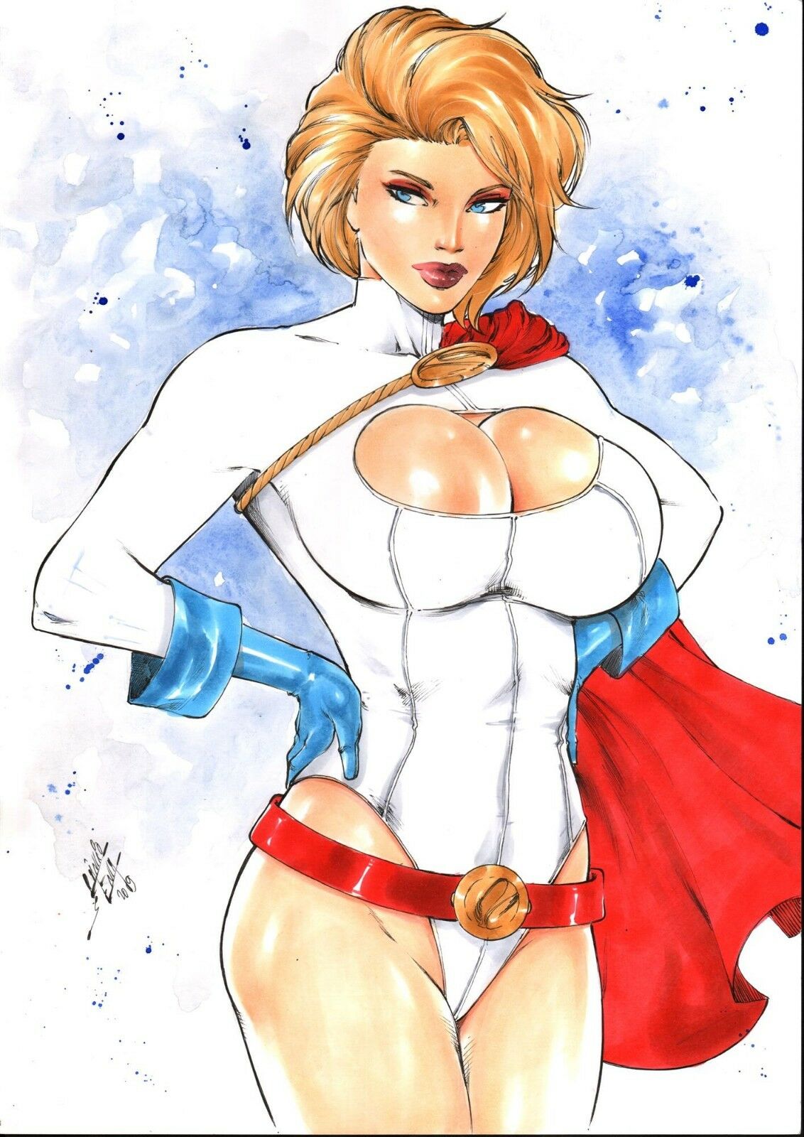 1girls 2019 big_breasts blonde blonde_hair blue_eyes blue_gloves breasts busty cape cleavage cleavage_cutout cleavage_overflow curvaceous curvy dated dc dc_comics earth-2 earth2 earth_2 ed_benes_studio eyeshadow female female_only full_cleavage gloves hands_on_hips huge_breasts jsa justice_society justice_society_of_america karen_starr kryptonian lanio_sena large_breasts leotard makeup mascara pink_lips pink_lipstick pinup power_girl red_cape short_hair signature solo standing superheroine thick_thighs thighs thong_leotard voluptuous white_leotard