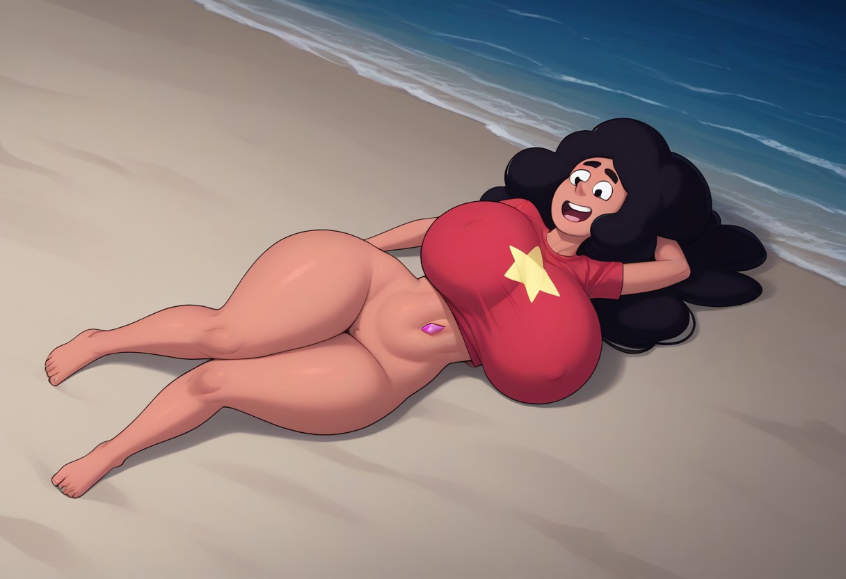 1girls, ai generated, ass, ass focus, beach, big ass, big breasts, black eyes, black hair, breasts, cartoon network, civitai, female, long hair, lying, night, no panties, red shirt, steven universe, stevonnie, tanned