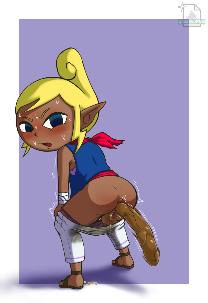 ass ass_focus blonde_hair blue_eyes butt_focus dark_skin fully_clothed nintendo peeing scat shit sweat tetra the_legend_of_zelda the_wind_waker urinating urinating_while_defecating urine white_pants wind_waker young