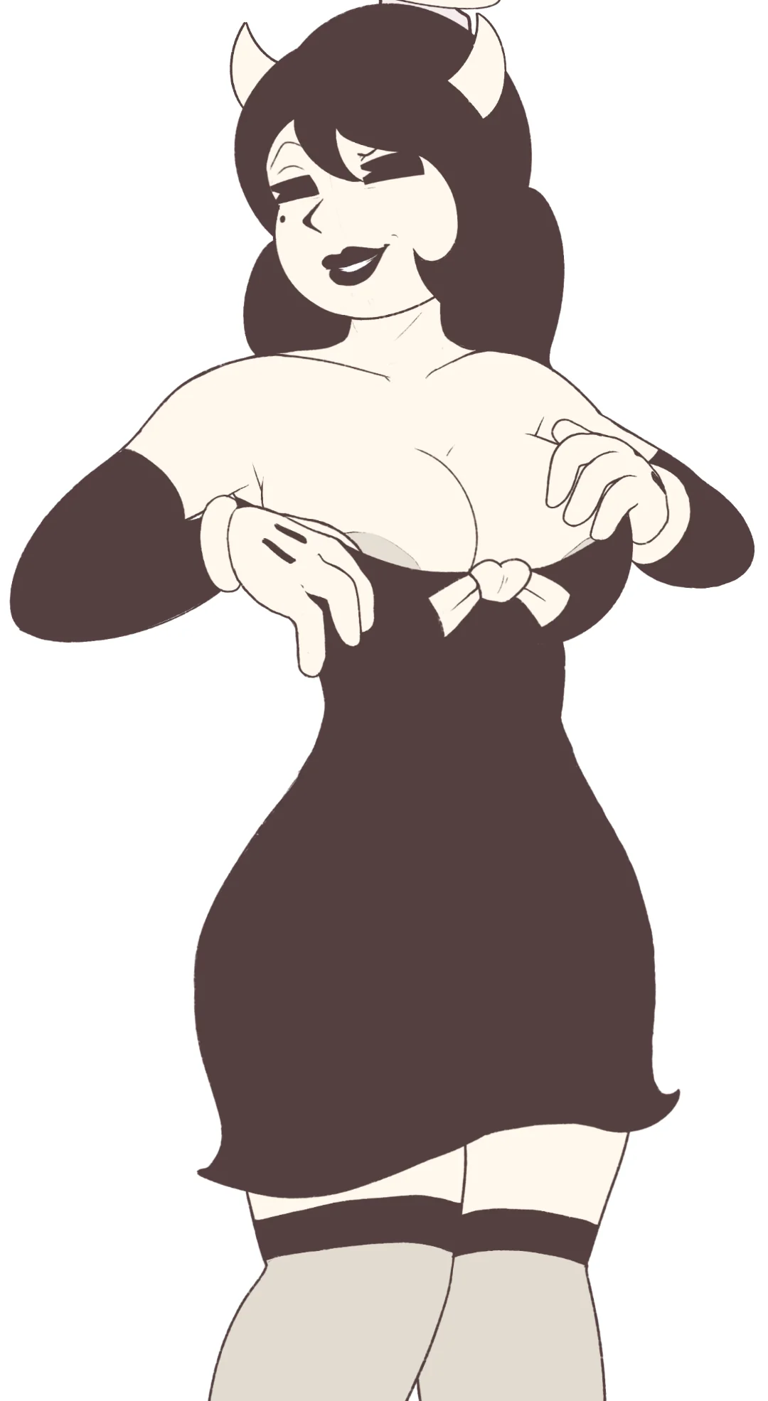 alice angel, angel, angel halo, artist request, bendy and the dark revival, bendy and the ink machine, black dress, black hair, bowtie, demon horns, dress, dress pull, gloves, halo, lipstick, makeup, nip slip, nipple slip, pac-man eyes, stockings, thighhighs, white skin