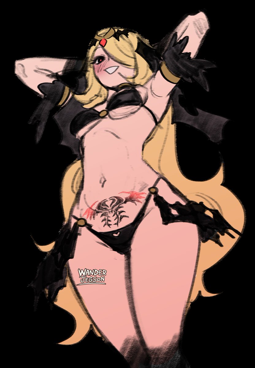 1girls, alternate costume, armband, armpits, arms behind head, black background, blonde hair, blush, bra, branding mark, breasts, corruption, cynthia (pokemon), enemy conversion, female, from below, half-closed eyes, jewelry, light skin, light-skinned female, navel, open mouth, panties, pokemon, pokemon dppt, pokemon masters, pubic tattoo, red eyes, small breasts, smile, solo, sygna suit cynthia (renegade), tattoo, thighs, thong, underboob, wanderjegson, watermark