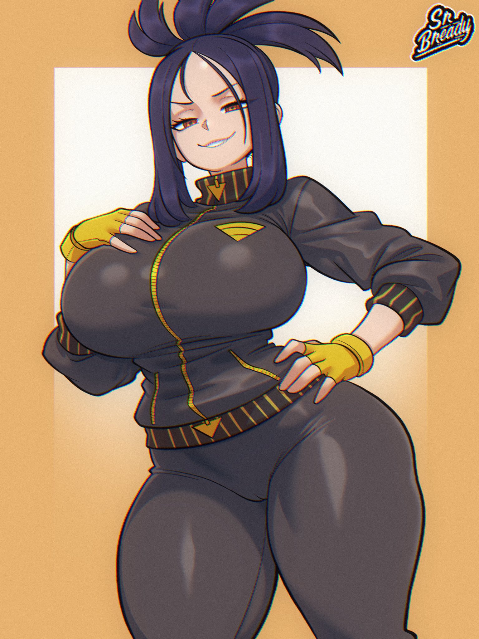 1girls, big breasts, black hair, breasts, breasts bigger than head, clothed, clothing, color, dendra (pokemon), female, female focus, female only, game freak, gym clothes, hi res, large breasts, light skin, light-skinned female, long hair, looking at viewer, massive breasts, nintendo, pokemon, pokemon sv, pokemon trainer, red eyes, solo, solo female, srbready, tagme, thick thighs