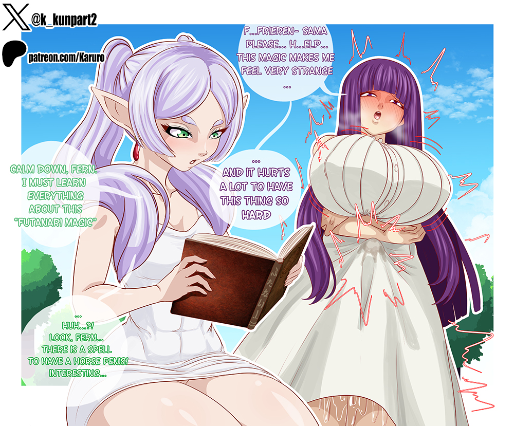 1futa 1girls blush bulge bulge_through_clothing dialogue elf erection erection_under_clothes female fern_(sousou_no_frieren) frieren futa_on_female futanari imminent_sex intersex karuro-kun large_breasts long_hair pointy_ears precum precum_through_clothing purple_hair sousou_no_frieren tenting text thick_thighs twintails