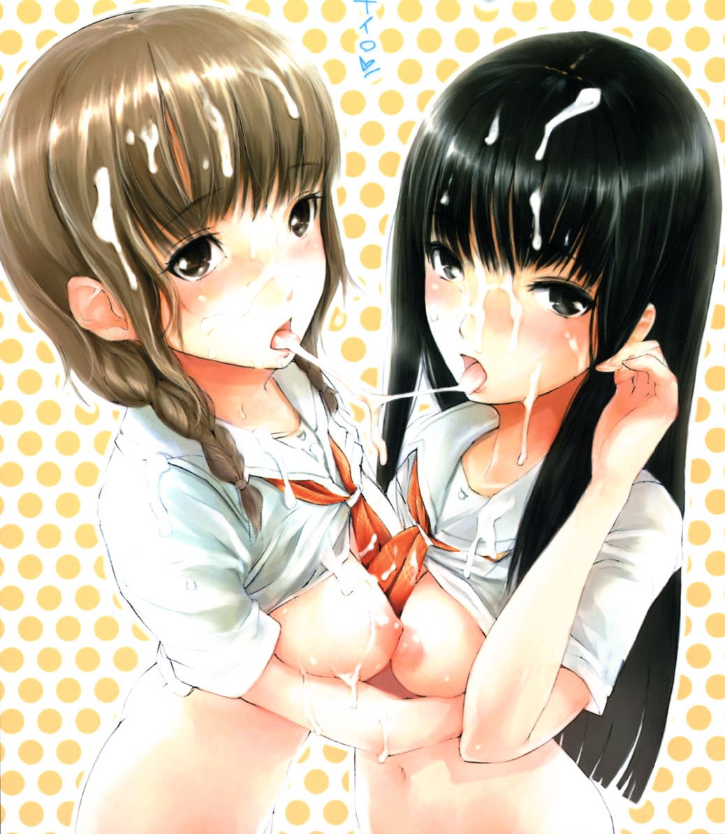 2girls braid breasts brown_eyes brown_hair bukkake cum cum_on_hair cum_string female female_only futami_eriko kimi_kiss mizusawa_mao multiple_girls nylon open_mouth saliva school_uniform serafuku tongue twin_braids