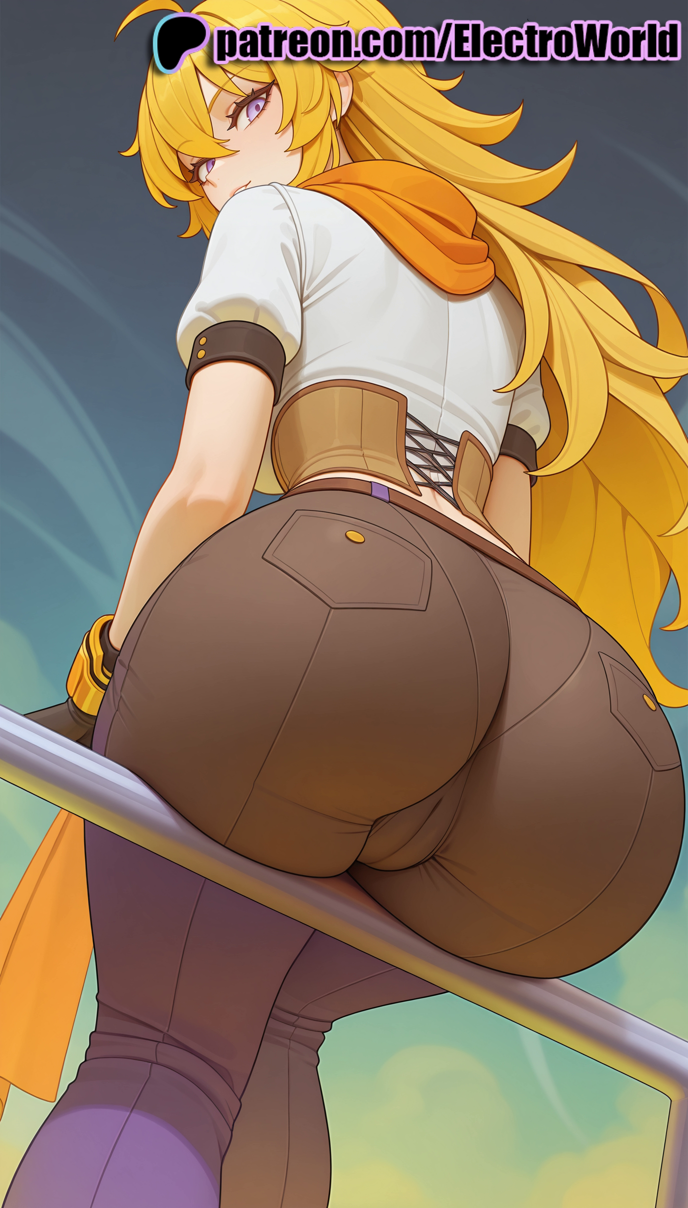 1girls, 2025, ai generated, artist name, ass, ass focus, blonde hair, breasts, bust, chest, electroworld, female, gloves, hi res, high quality, high resolution, highres, long hair, pantylines, patreon, patreon username, prosthesis, purple eyes, rwby, solo, stable diffusion, violet eyes, watermark, yang xiao long