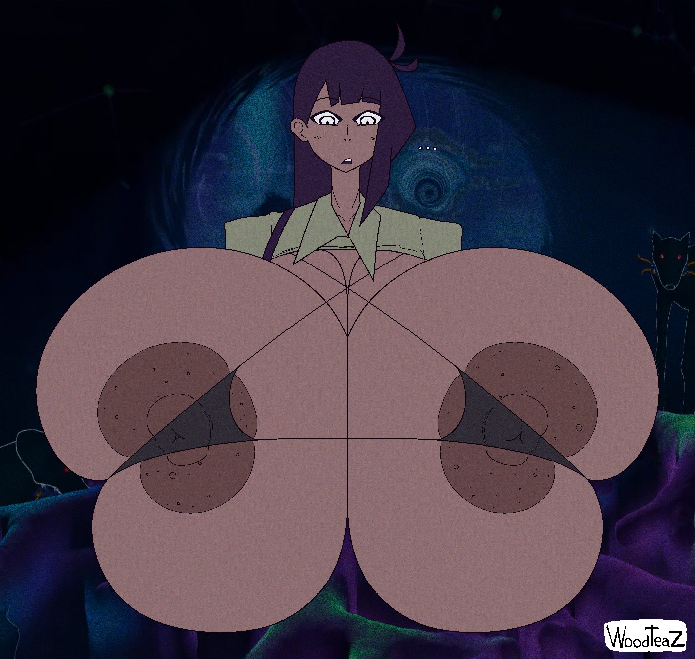 1girls, areolae, bikini top, breasts, breasts bigger than head, breasts out, brown nipples, dating oblivion, ena, ena (dating oblivion), ena (series), female, female focus, female only, hyper, hyper breasts, inconvenient breasts, nipples, nipples visible through clothing, solo, solo female, solo focus, woodteaz0