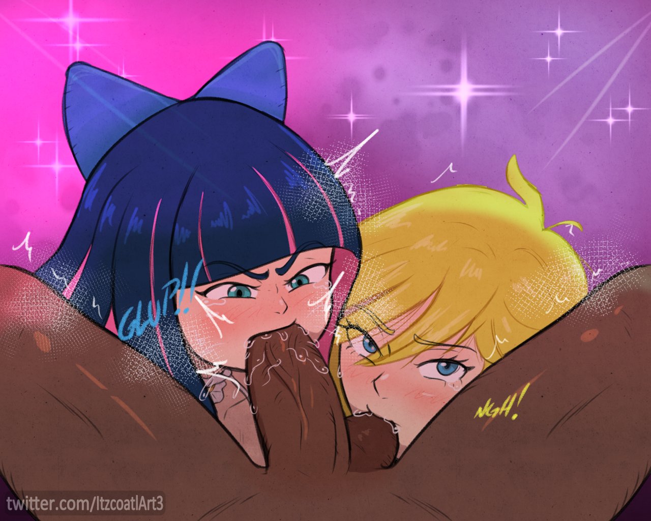 1boy, 2girls, balls, balls sucking, blonde hair, blush, collaborative fellatio, dark skin, dark-skinned male, fellatio, female, ffm threesome, itzcoatl, light skin, light-skinned female, looking at viewer, male, male pov, nude, oral, panty & stocking with garterbelt, panty anarchy, pov, purple hair, stocking anarchy, tears, threesome
