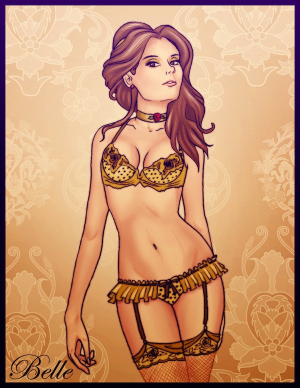 beauty and the beast (1991 film), belle (beauty and the beast), biaani, brown hair, color, disney, disney princess, female, female only, fishnets, human, lingerie, navel, princess, royalty, solo, teenager, young