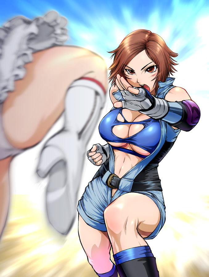 2girls ass battle belt boots breasts brown_eyes brown_hair catfight cleavage curvy emilie_de_rochefort female female_only female_with_female fingerless_gloves gloves kazama_asuka knee_boots large_ass large_breasts multiple_girls namco panties pantyshot skirt skirt_lift sky tekken tekken_5_dark_resurrection torn_clothes ueyama_michirou underwear yuri