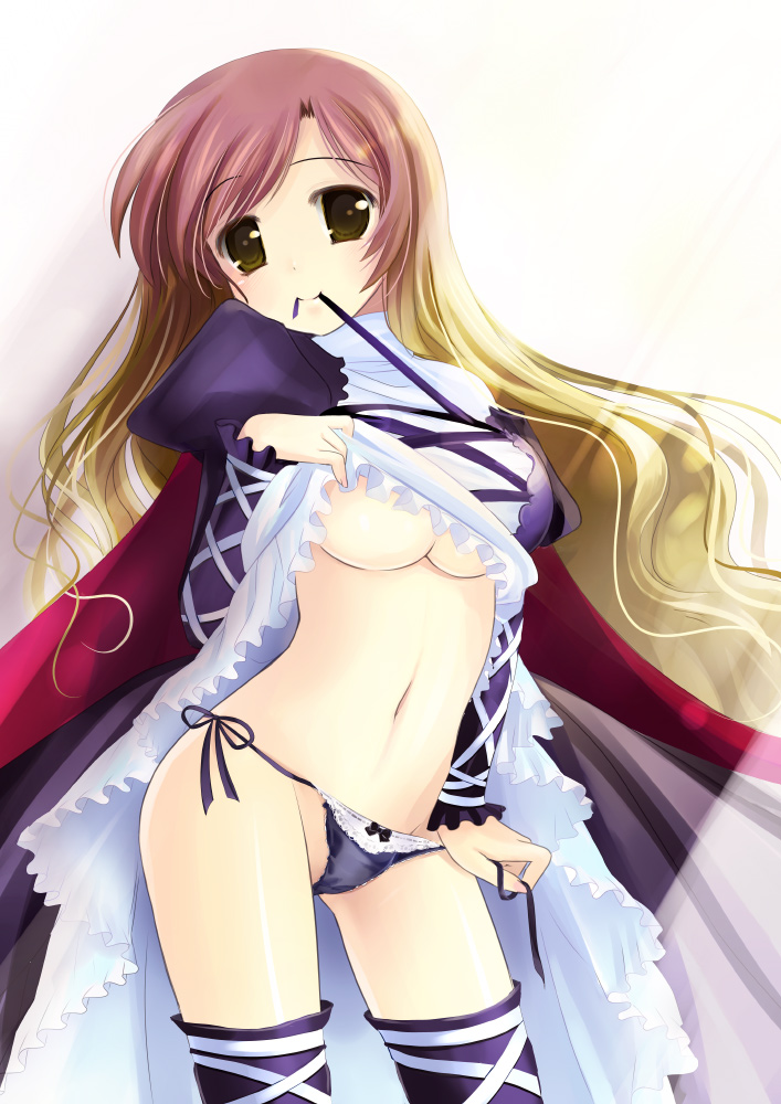 1girls breasts cape dress dress_lift female gradient_hair hijiri_byakuren long_hair mouth_hold multicolored_hair natsukawa_sarasa navel panties side-tie_panties solo thighhighs touhou underboob underwear undressing yellow_eyes