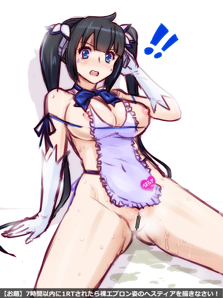 !! apron bar_censor black_hair blue_eyes blush breasts censored dungeon_ni_deai_wo_motomeru_no_wa_machigatteiru_darou_ka female gloves hestia_(danmachi) large_breasts long_hair naked_apron nipple_slip nipples pussy rei_no_himo solo sweat text thighs tied_hair translation_request twintails waist_apron white_gloves zero_hime