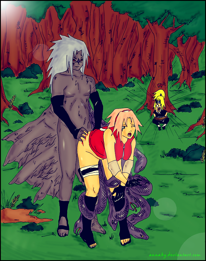 bent_over blonde_hair crying deidara doggy_style female from_behind green_eyes human husband_and_wife male naruto outdoors restrained rope rope_bondage sakura_haruno sasuke_uchiha second_stage_curse_mark snake straight tagme tied_up tree wings