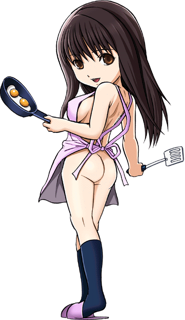 ane_doki apron ass breasts brown_eyes brown_hair chibi egg female footwear frying_pan hagiwara_natsuki harukigenia naked_apron natsuki_hagiwara nude sideboob slippers socks spatula