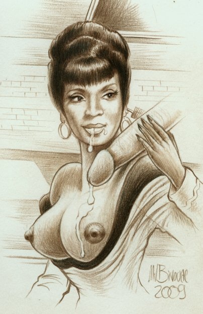 2009 areolae artist_signature big_breasts bivouac breasts breasts_out cum cum_on_breasts cum_on_face dark_skin duo female hoop_earrings human male monochrome nichelle_nichols nipples nyota_uhura partial_male penis star_trek star_trek_the_original_series starfleet_uniform