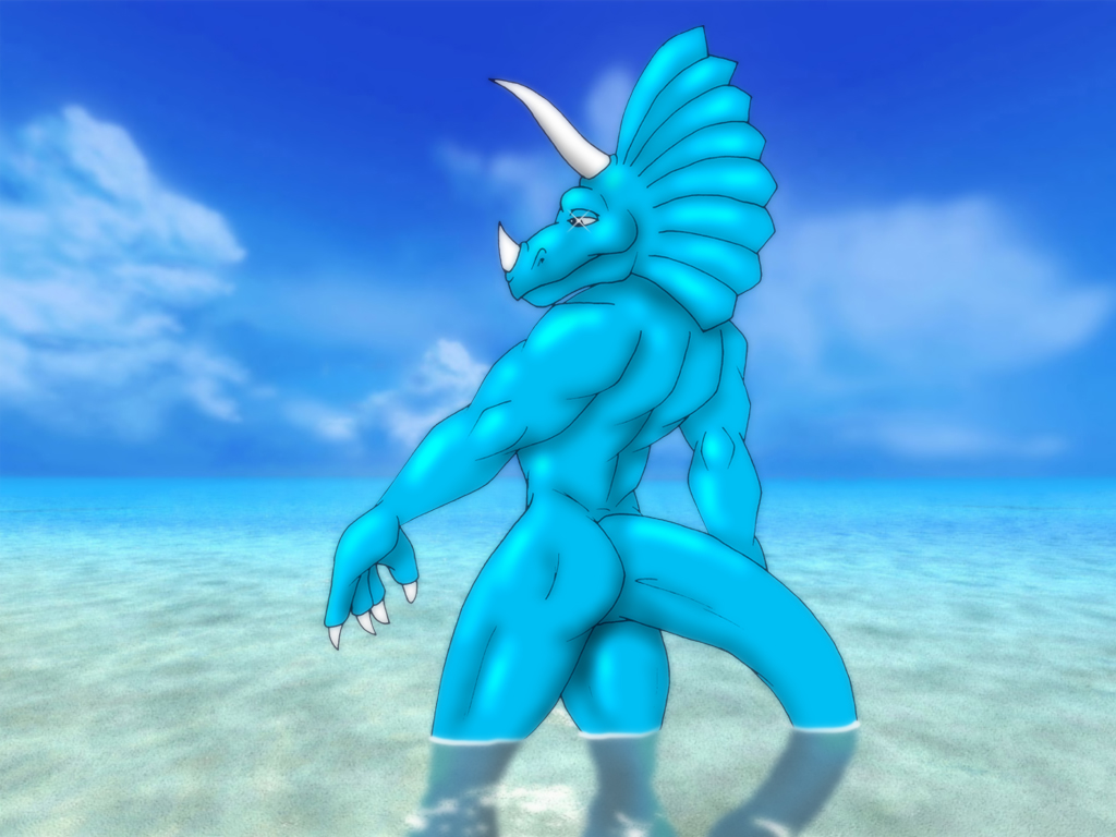 00s 1boy 2007 anthro ass blue_skin day extreme_dinosaurs fabfelipe horns male male_only muscles nude outdoors scalie sky solo spike_(extreme_dinosaurs) standing tagme tail water