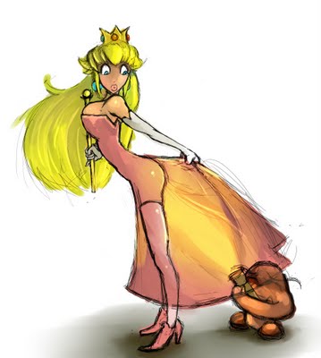 blonde_hair breasts dress faustie goomba interspecies lowres mario_(series) nintendo no_panties princess_peach see-through straight_hair thighhighs