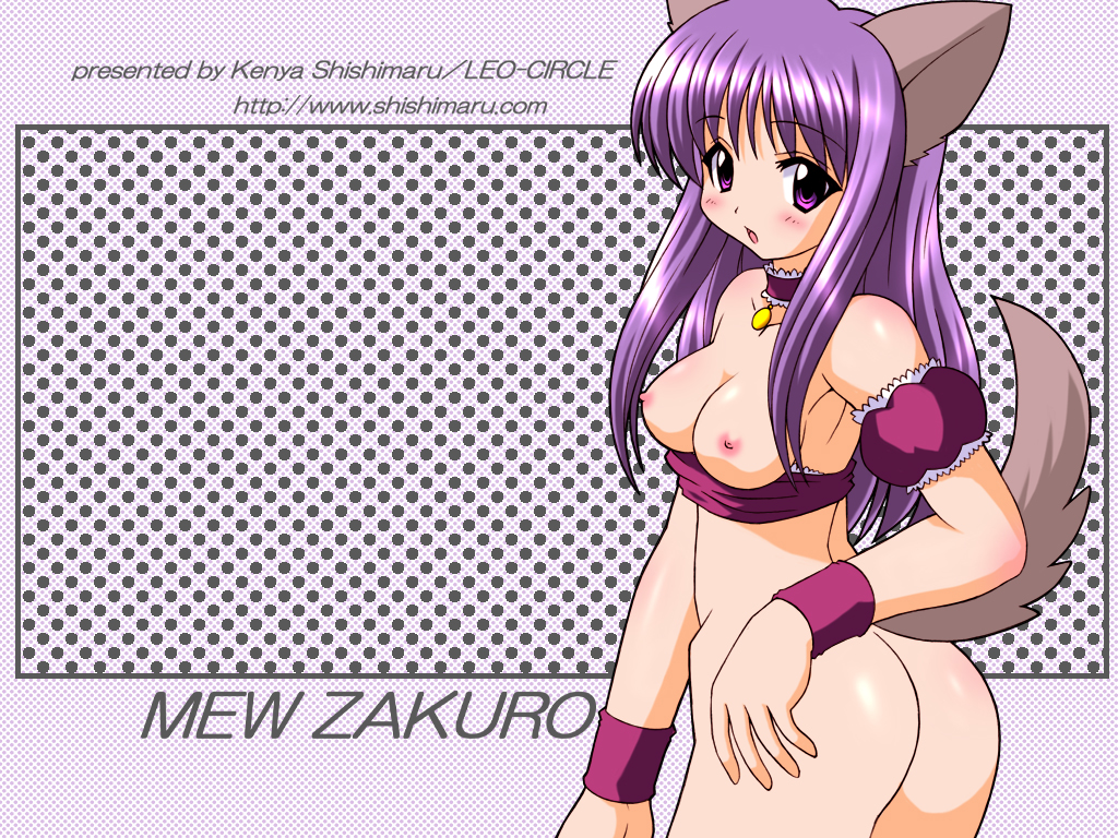 1girls animal_ears ass blush bottomless breasts_out choker color female female_only kemonomimi long_hair looking_at_viewer looking_back open_mouth shiny_skin shishimaru_ken'ya small_breasts solo tagme tail tokyo_mew_mew wolf_tail zakuro_fujiwara