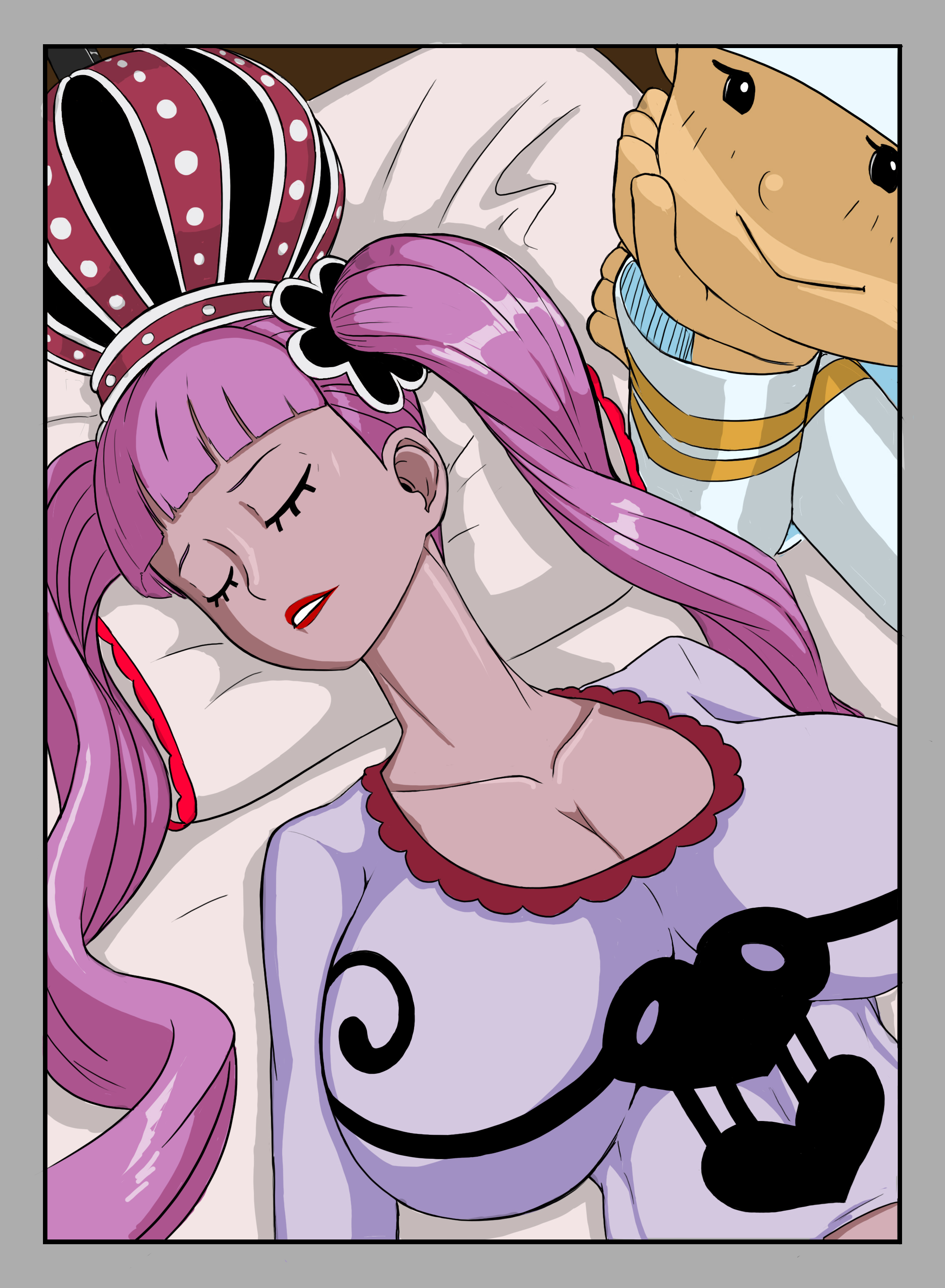 1boy, 1girls, anythinggoes, big breasts, breasts, cleavage, female, huge breasts, male, marine (one piece), one piece, perona, pink hair, pink-haired female, shounen jump, sleeping, smiley face, twintails