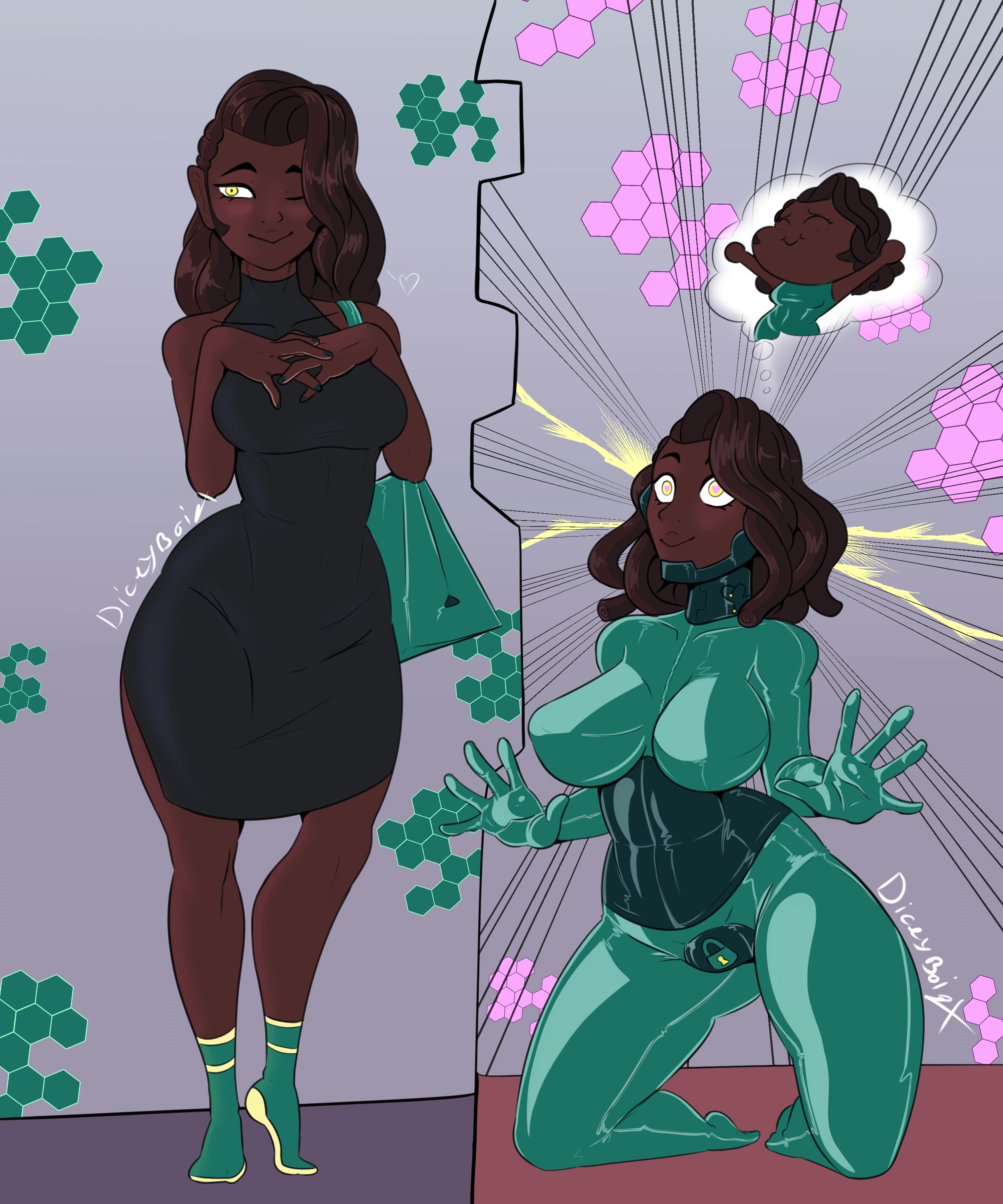 1girls, badbitchdicey, bodysuit, breasts, dark skin, diceyboi, female, female only, happy trance, heart eyes, helmet, helmet removed, hypnosis, large breasts, latex, null bulge, rubber, rubber suit, smiling, solo, solo female, tech control
