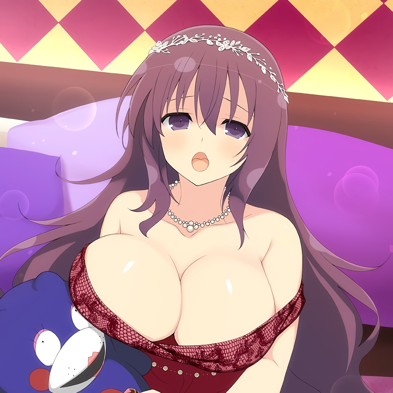 breasts cleavage flower_crown huge_breasts large_breasts murasaki_(senran_kagura) necklace open_mouth plushie purple_eyes purple_hair red_dress senran_kagura straps_off_shoulders teddy_bear very_long_hair wholesome yaegashi_nan