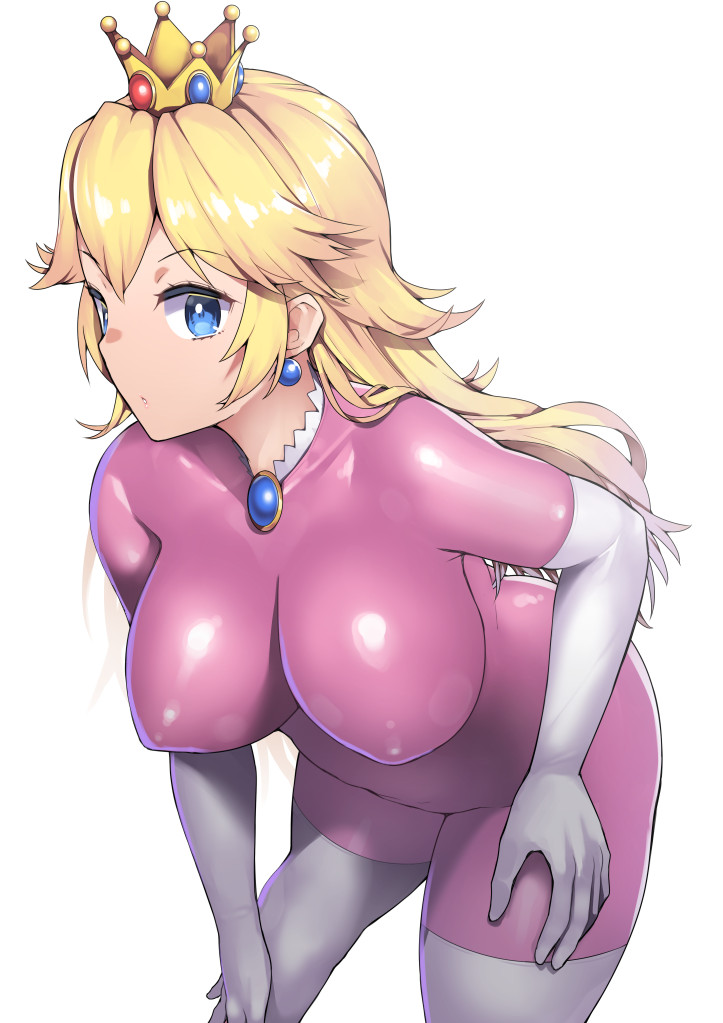 1girls alternate_breast_size bent_over blonde_hair blue_eyes bodysuit breasts clothing crown earrings elbow_gloves female female_only jewelry long_hair looking_at_viewer mario_(series) nagase_haruhito nintendo pink_bodysuit pokies princess_peach simple_background skin_tight solo standing tight_clothing white_background