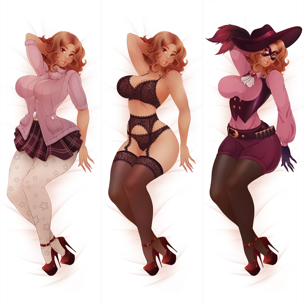 bewitching thighs, big breasts, breasts, corset, curvy, dakimakura, dakimakura design, female, haru okumura, kokobuttz, lingerie, mask, persona, persona 5, phantom thief suit, stockings, thick lips, thick thighs, wide hips