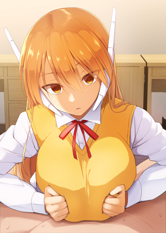 1boy bangs blush breast_squeeze breasts clothing collared_shirt dress_shirt female kurikara large_breasts long_hair long_sleeves looking_at_viewer male_pov neck_ribbon orange_eyes orange_hair paizuri paizuri_under_clothes pov ribbon robot_ears serio_(to_heart) shirt straight sweater_vest titfuck to_heart to_heart_(series) unseen_male_face vest white_shirt yellow_vest