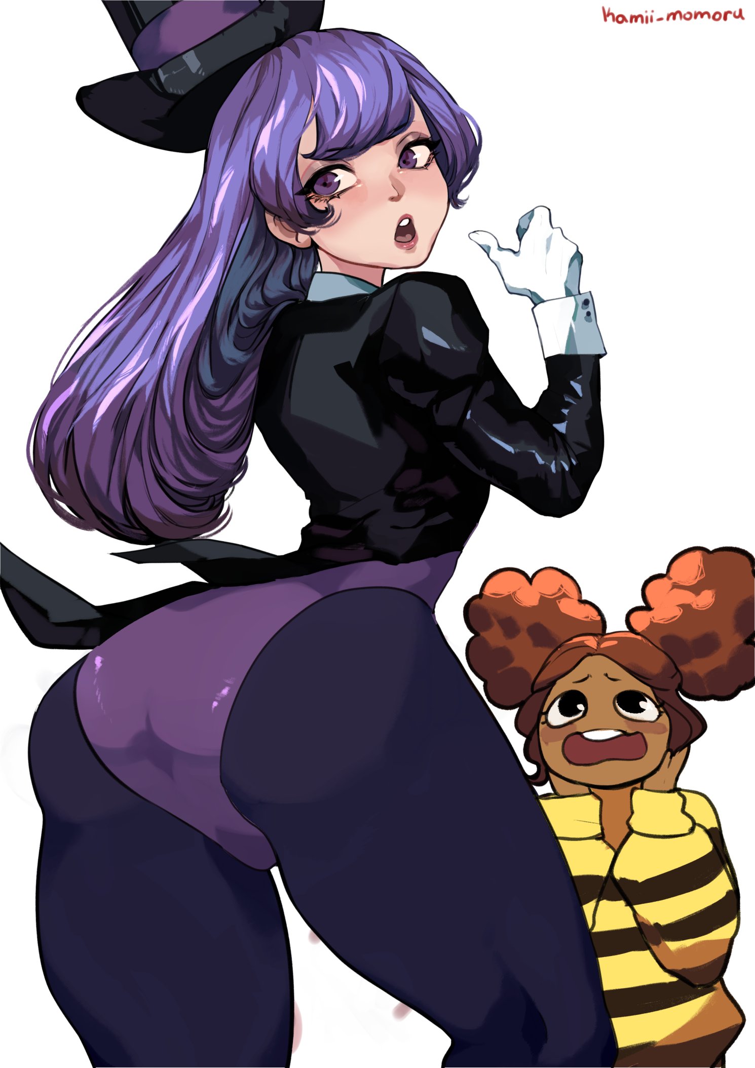 2girls, ass, blush, bumblebee (dc), dc, dc comics, dc super hero girls, female, female only, flustered, kamii momoru, karen beecher, karen beecher (shg), looking back, magician, magician hat, tight clothing, turned around, zatanna, zee zatara