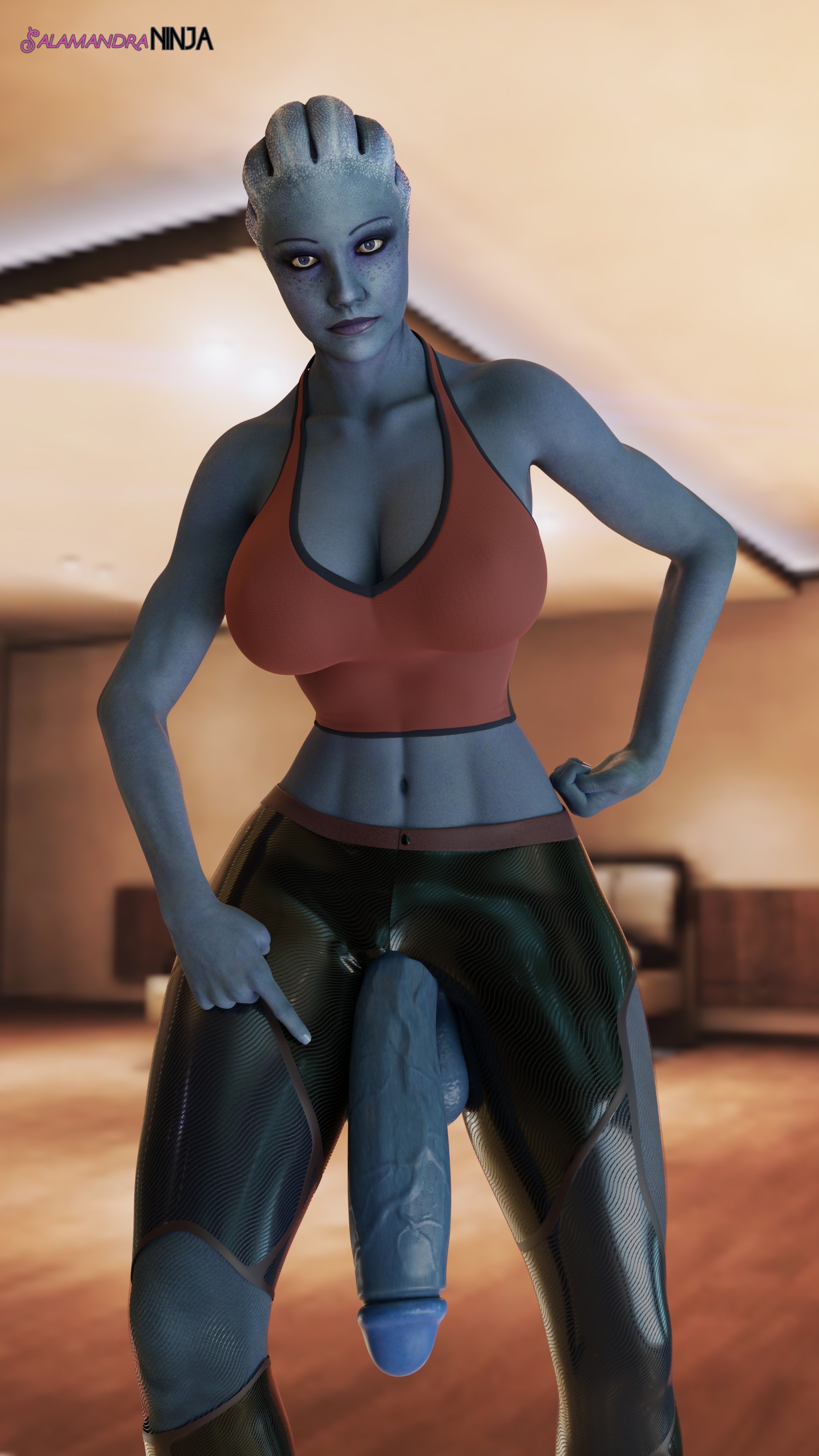 1futa, 3d, asari, asari futa, balls, blender, blue skin, flaccid, futa only, futanari, huge cock, intersex, liara t'soni, looking at viewer, mass effect, penis, penis to the knees, salamandraninja, solo, testicles