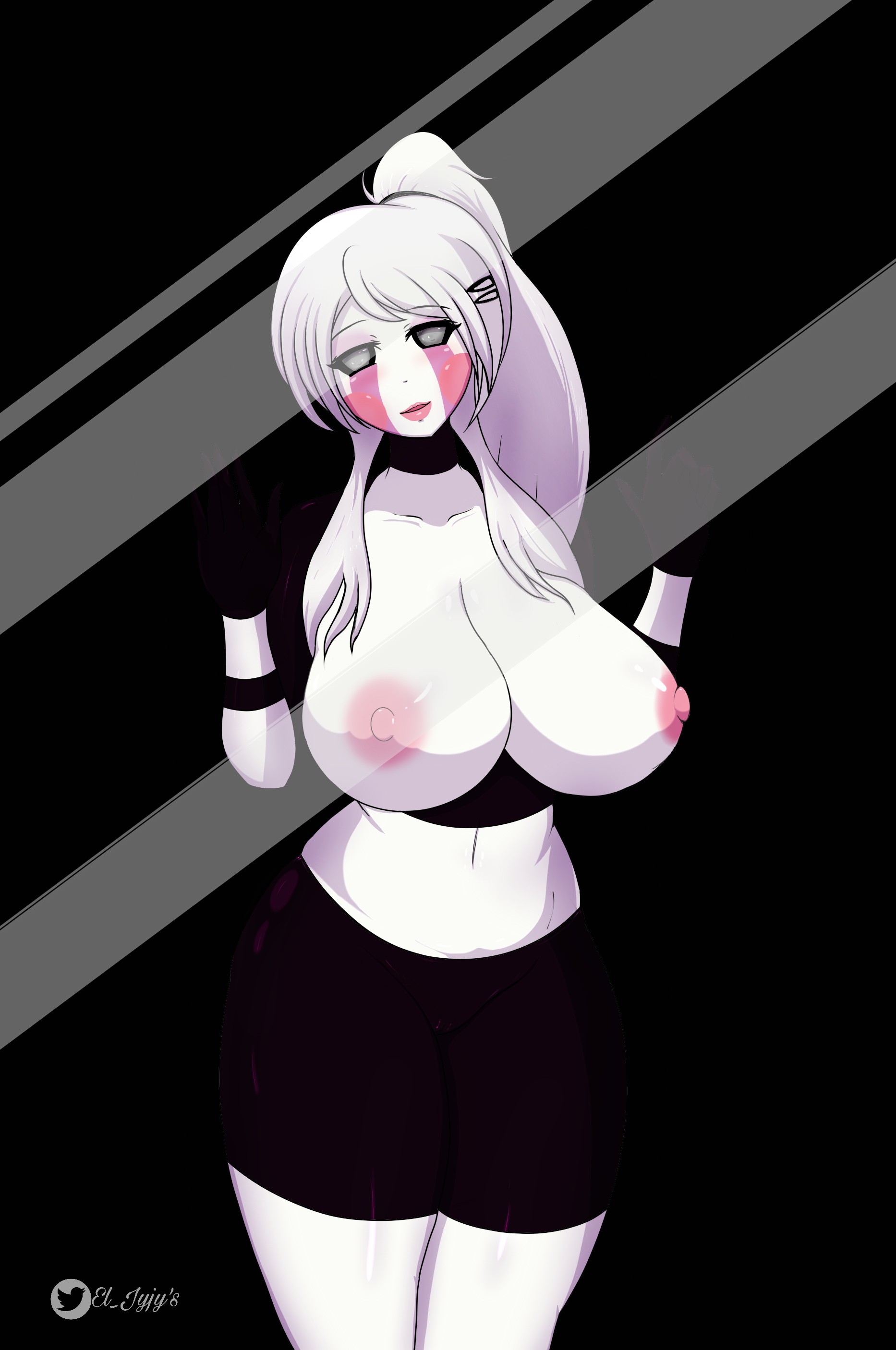 big breasts, black background, breasts, female, five nights at freddy's, five nights at freddy's 2, five nights in anime, fnia, grey eyes, lips, looking at viewer, ls, marionette (fnaf), pink cheeks, pink nipples, puppet (fnaf), puppet (fnia), scottgames, signature, solo, tagme
