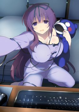 bed bedroom black_ribbon breasts cleavage cord_tangling hand_off_camera holding_plushie indoors keyboard keyboard_and_mouse lowres murasaki_(senran_kagura) official_art pajamas plushie purple_eyes purple_hair purple_pajamas ribbon senran_kagura sitting sitting_at_desk sitting_on_chair teddy_bear very_long_hair yaegashi_nan