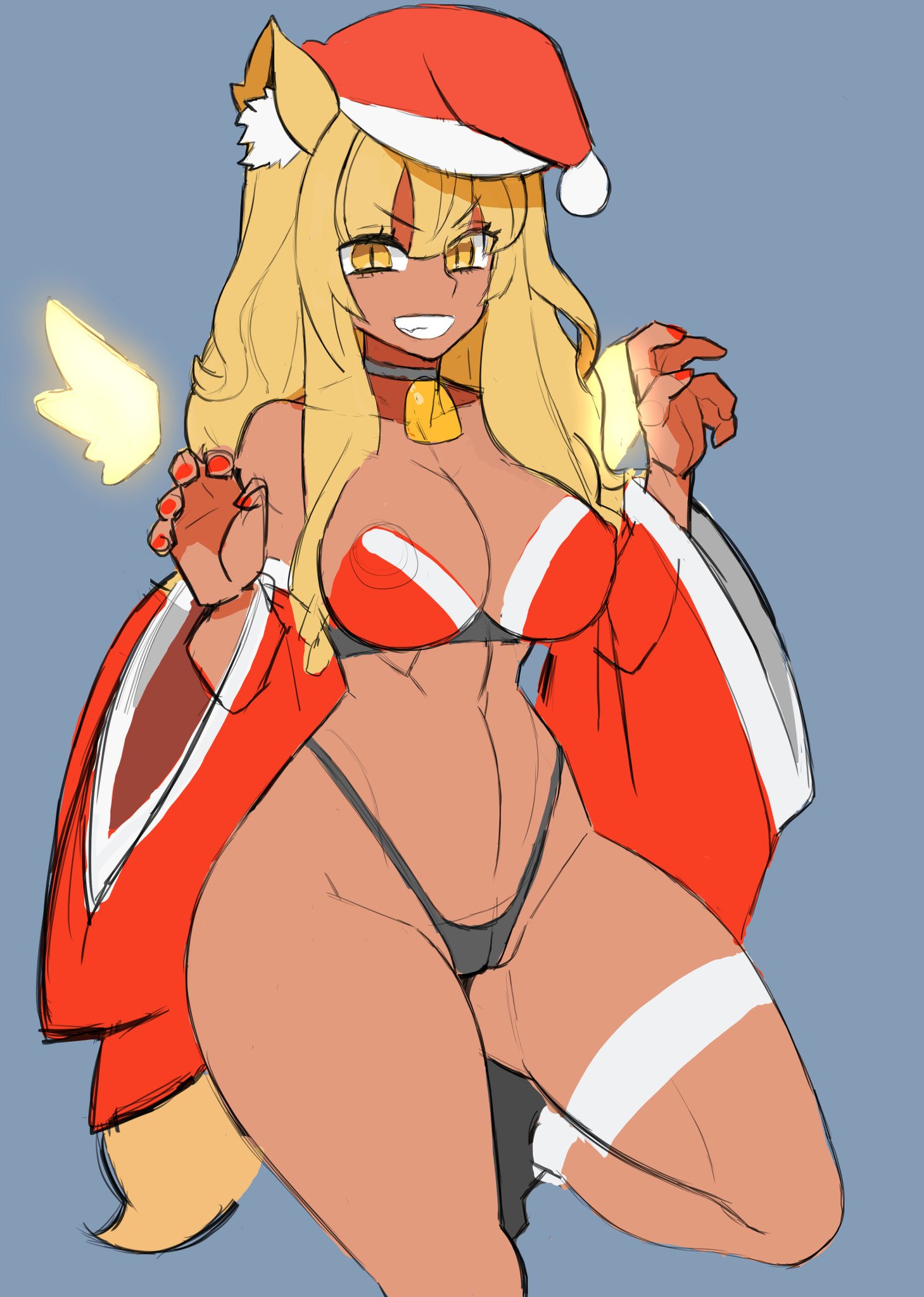 big breasts, blonde hair, breasts, choker, curvy, dark skin, dark-skinned female, fate (series), fate/grand order, female, fox ears, looking at viewer, nikujuu uc, panties, santa costume, santa hat, slim waist, suzuka gozen (fate), suzuka gozen (santa) (fate), tan, wide hips