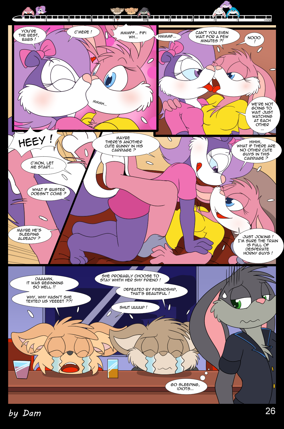 3_toes 4_fingers anthro babs_bunny breasts buster_bunny clothed clothing comic dam_(artist) dialogue english_text engrish feet female fifi_la_fume fingers group hi_res lagomorph leporid male mammal mephitid page_26 plantigrade rabbit skunk speech_bubble straight_hair text tiny_toon_adventures toes toons toony train vehicle warner_brothers