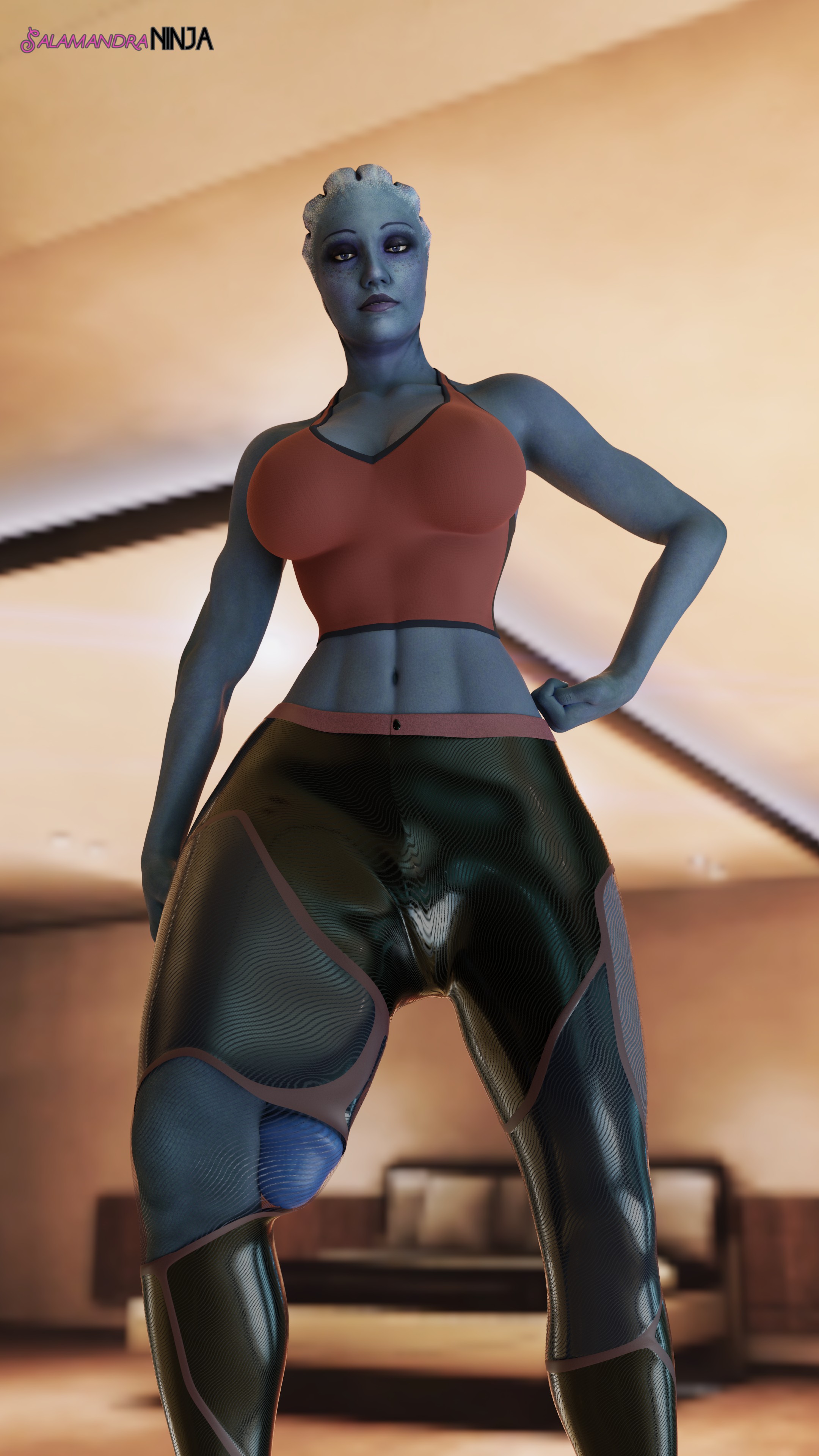 1futa, 3d, asari, blender, blue skin, bulge, bulge down leg, futa only, futanari, huge cock, intersex, liara t'soni, mass effect, penis, penis to the knees, penis under clothes, salamandraninja, solo