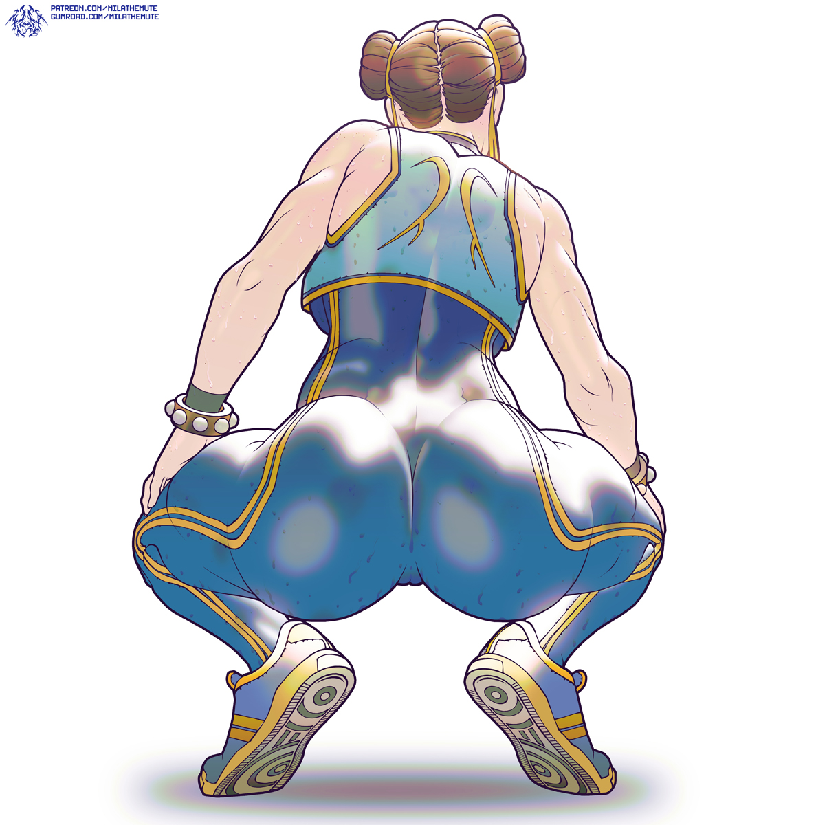 1girls, ass, athletic, athletic female, biceps, bodysuit, breasts, brown hair, bubble ass, bubble butt, busty, cameltoe, capcom, chun-li, crop top, female, female only, hourglass figure, mila the mute, muscular, pussy, rear view, skin tight, sneakers, solo, squatting, street fighter, wide hips
